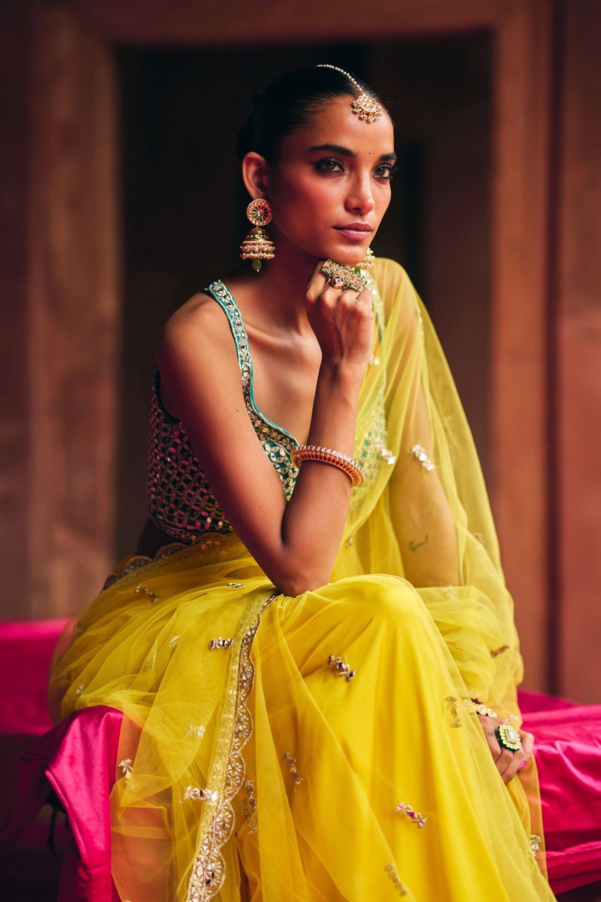 Yellow Net Saree Set