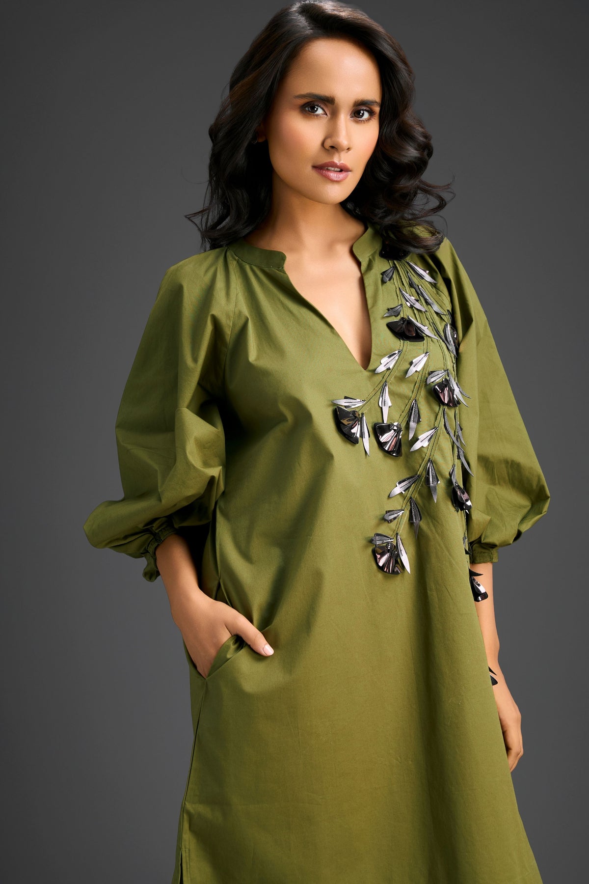 Embroidery Green V-neck Dress