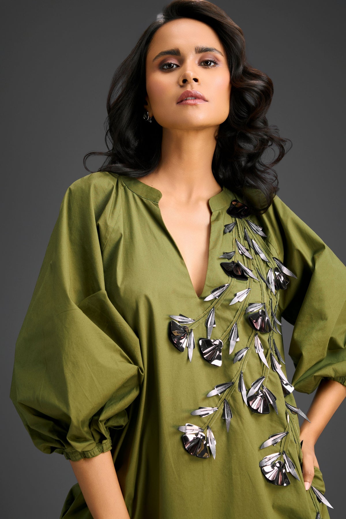 Embroidery Green V-neck Dress