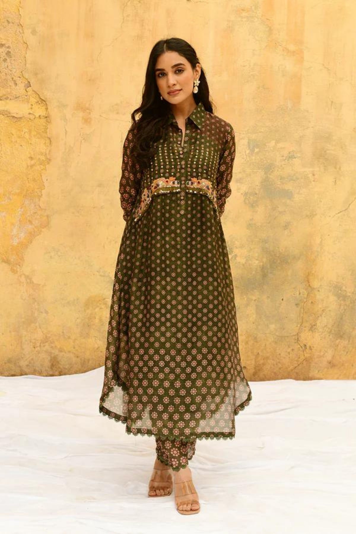 Green Cascade Collar Kurta Set