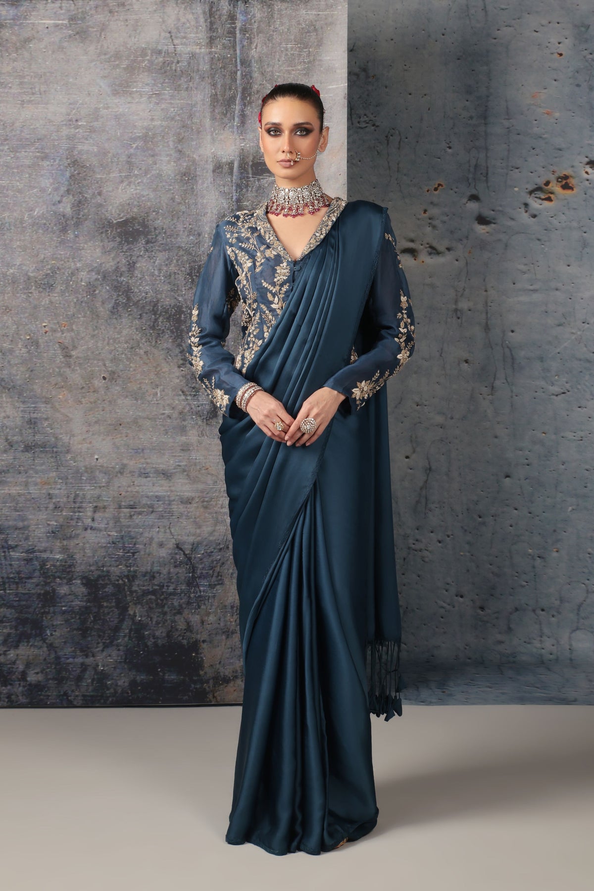 Blue Jacket Saree Set