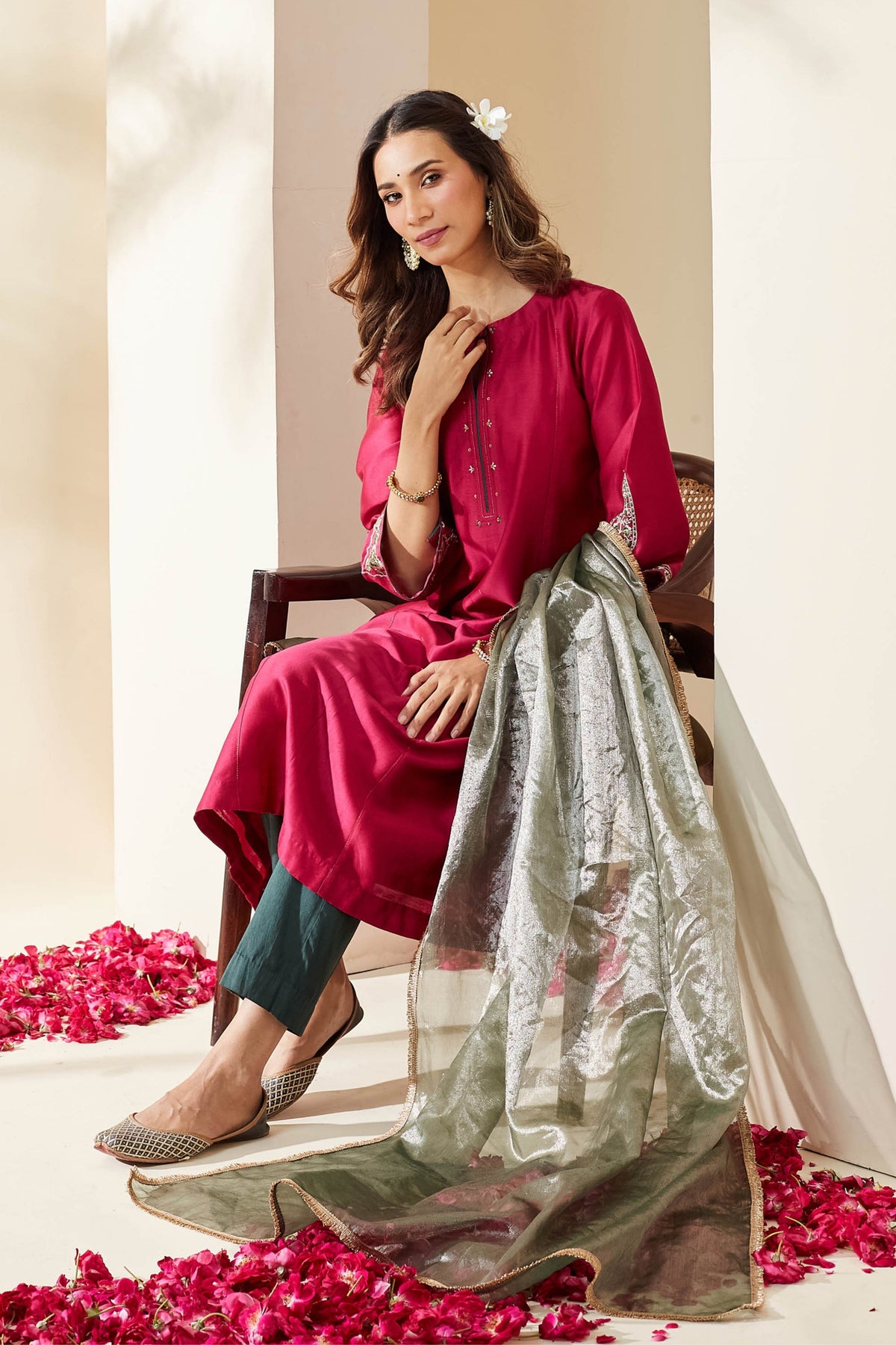 Magenta Floral Chanderi Kurta Set