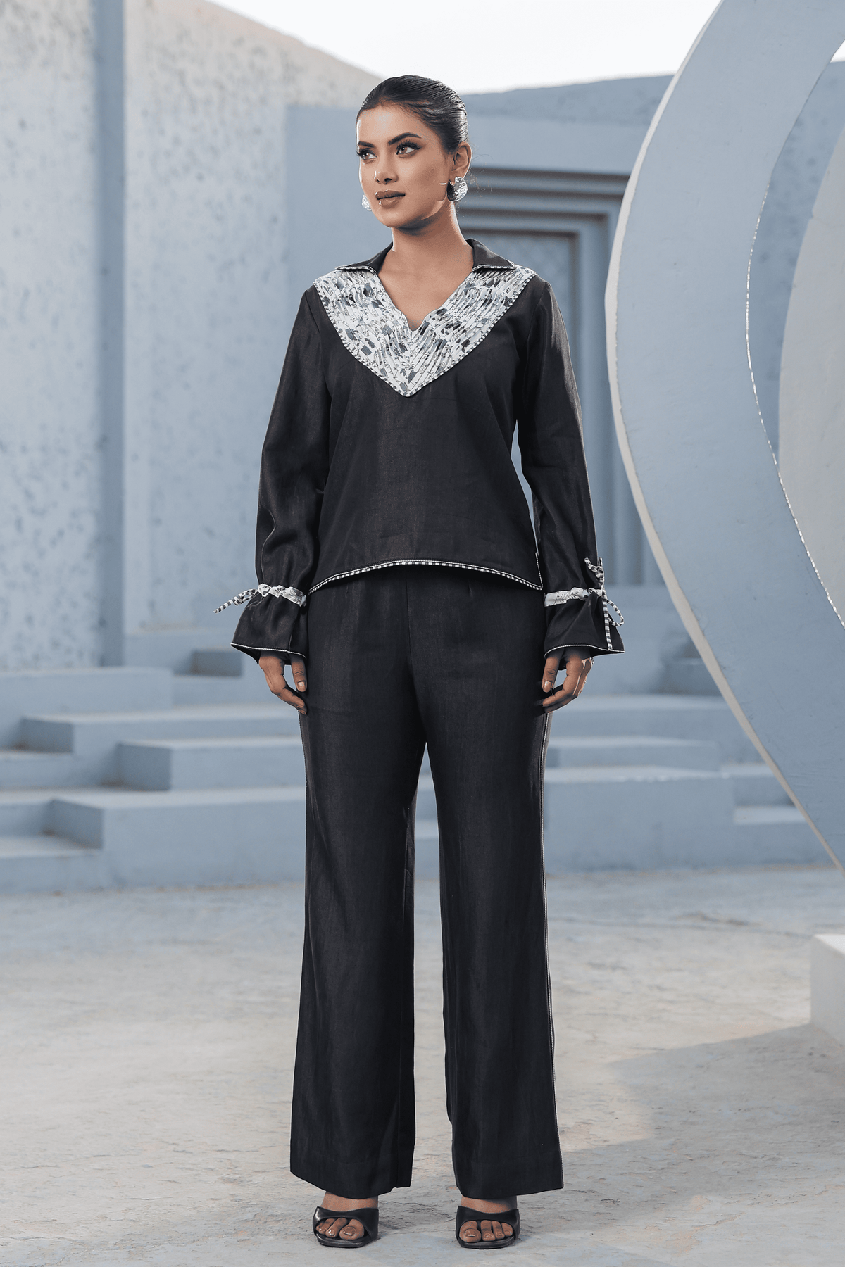 Azure Pintuck V Neck Top in Black