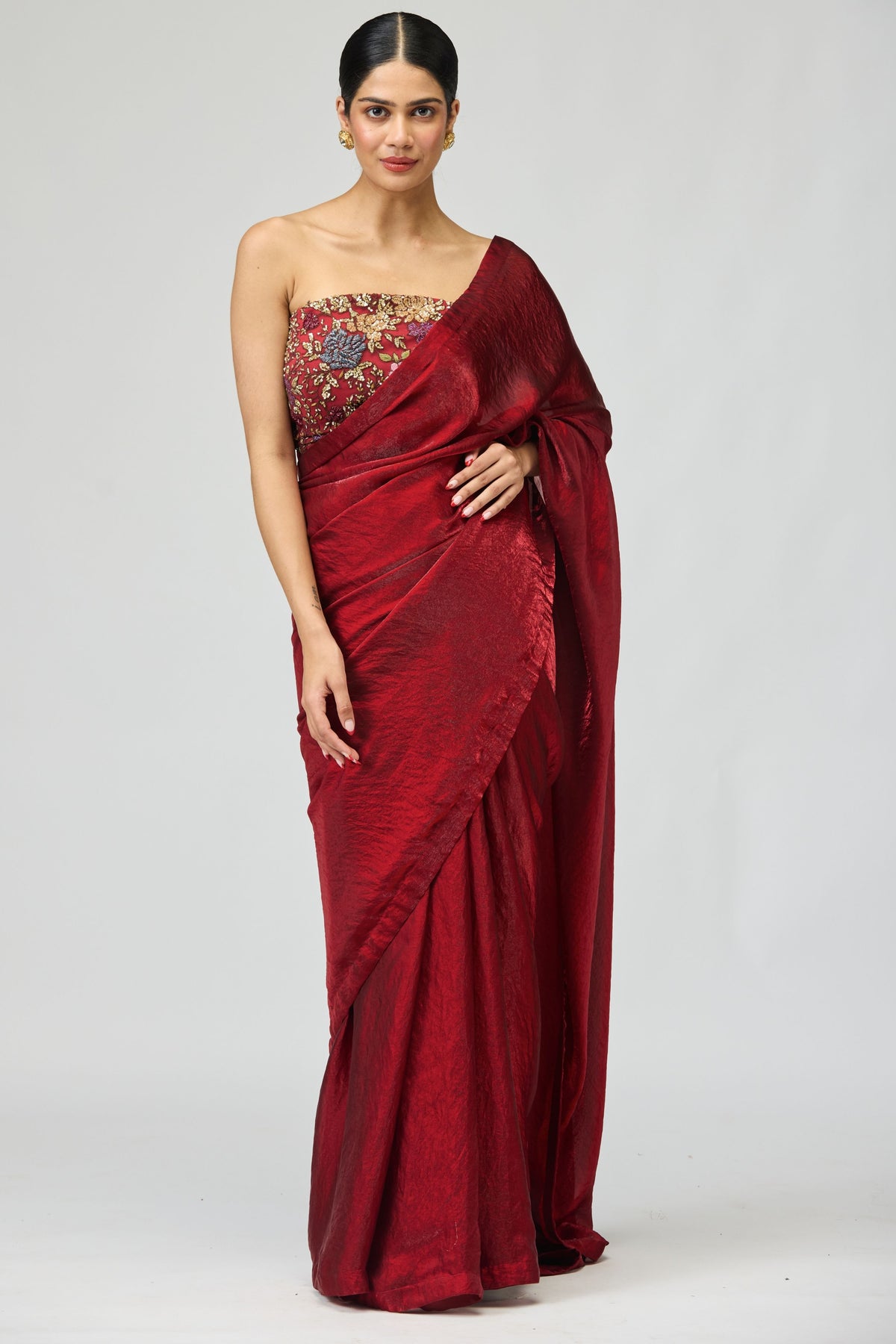 Maroon Net Embroidered Saree Set