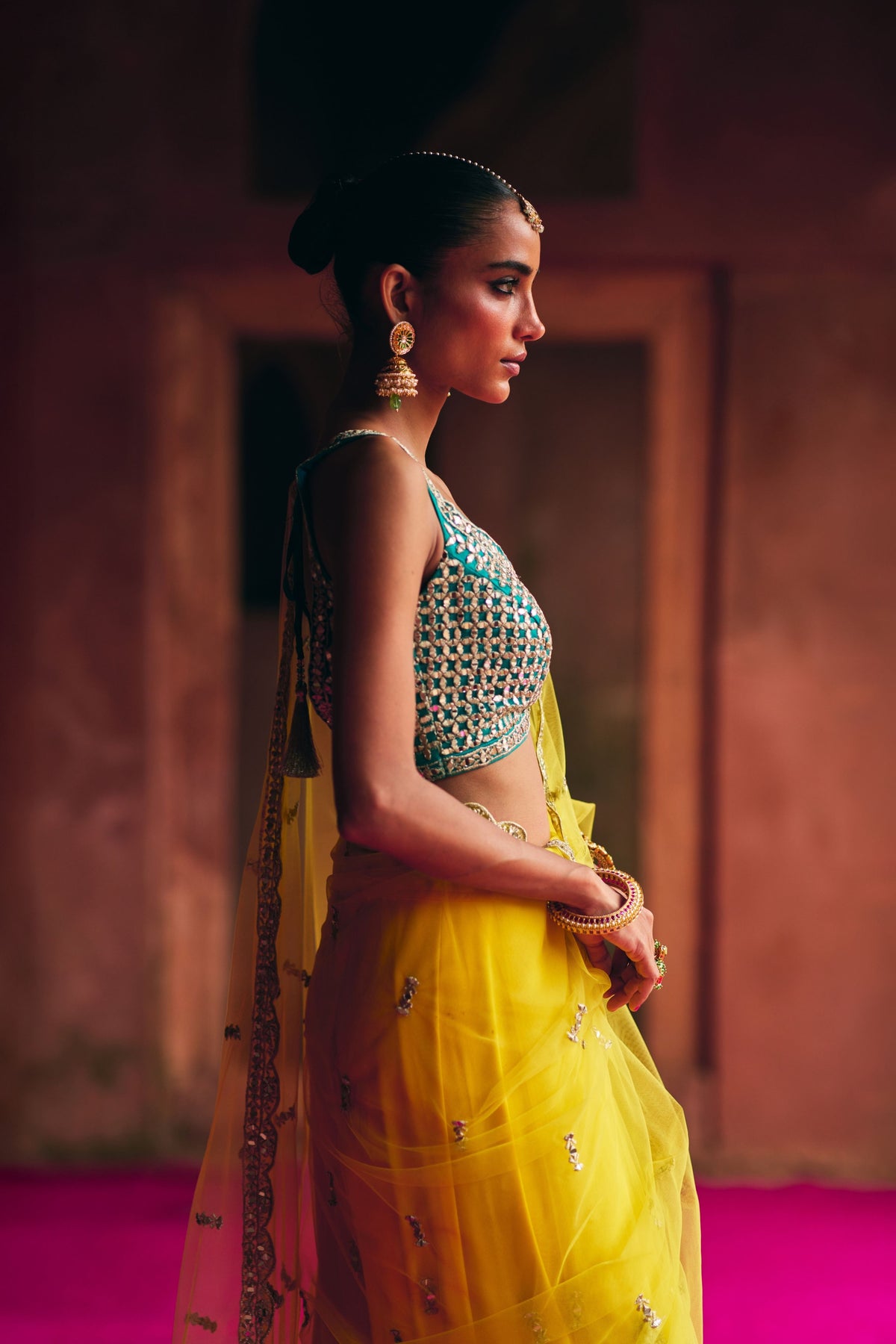 Yellow Net Saree Set