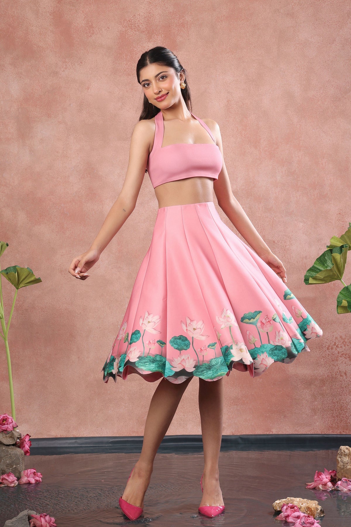 Pink Neoprene Skirt Top Wrap Set