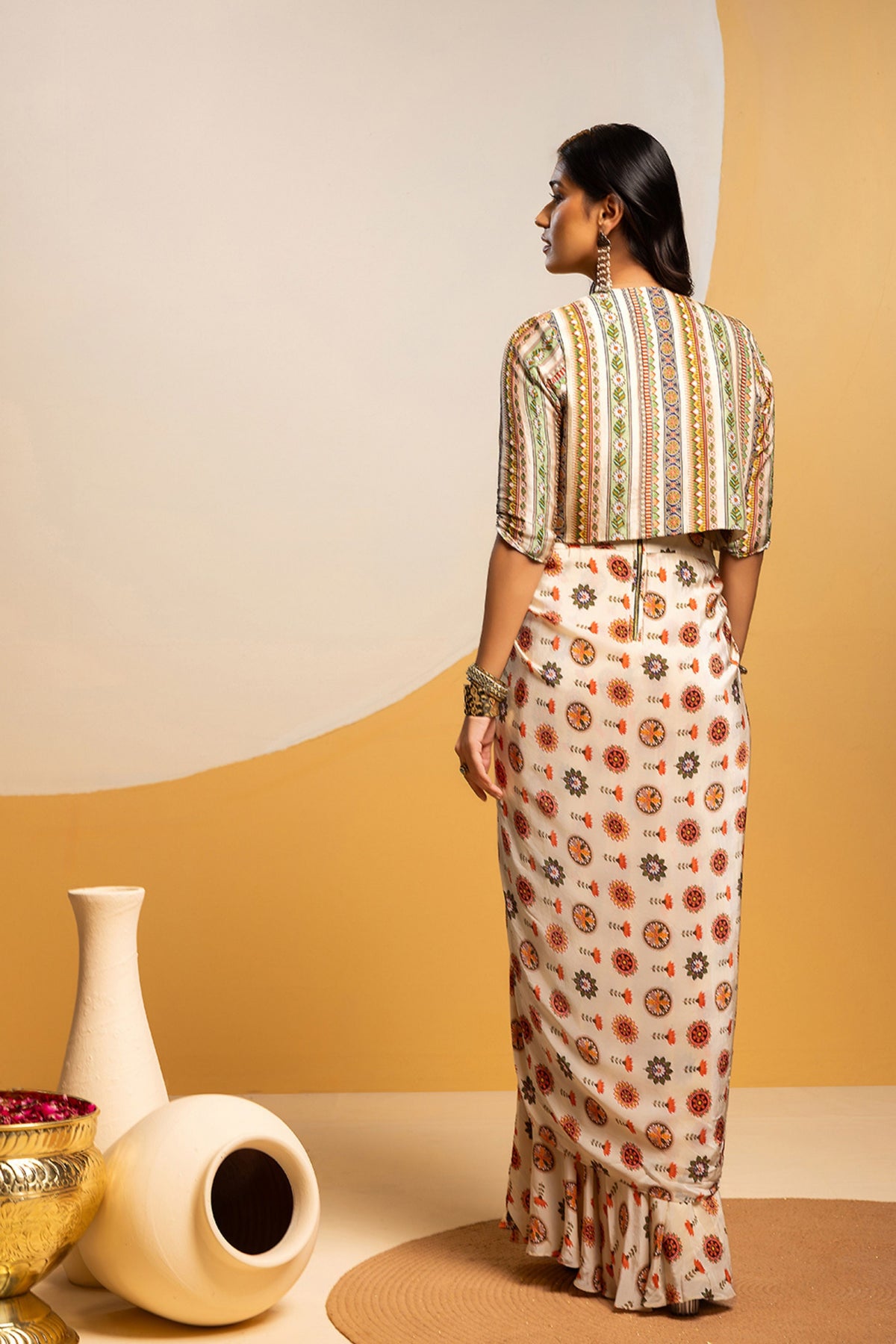 Off White Embellished Drape Dress Set