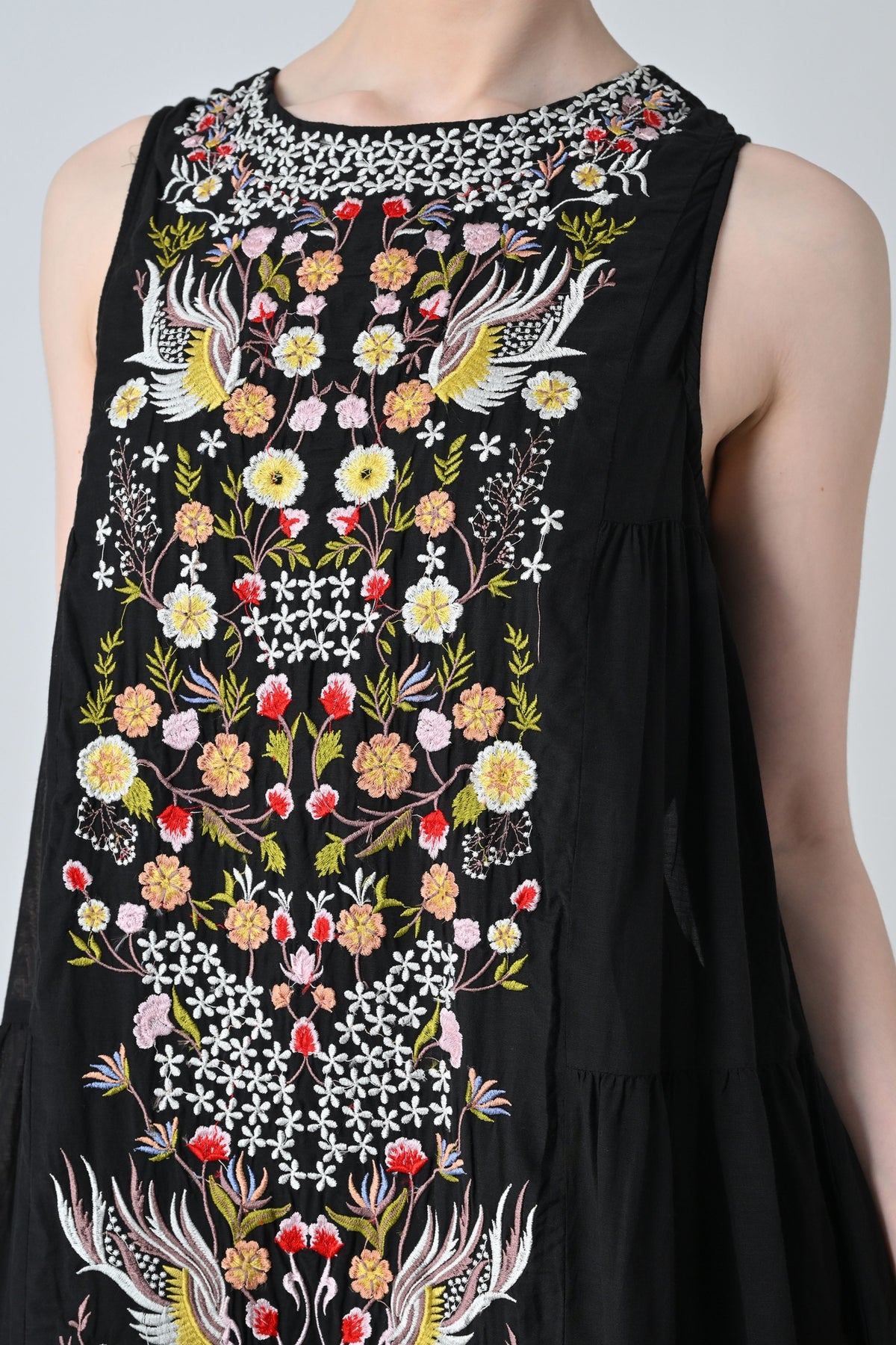Black Embroidered Tiered Long Dress