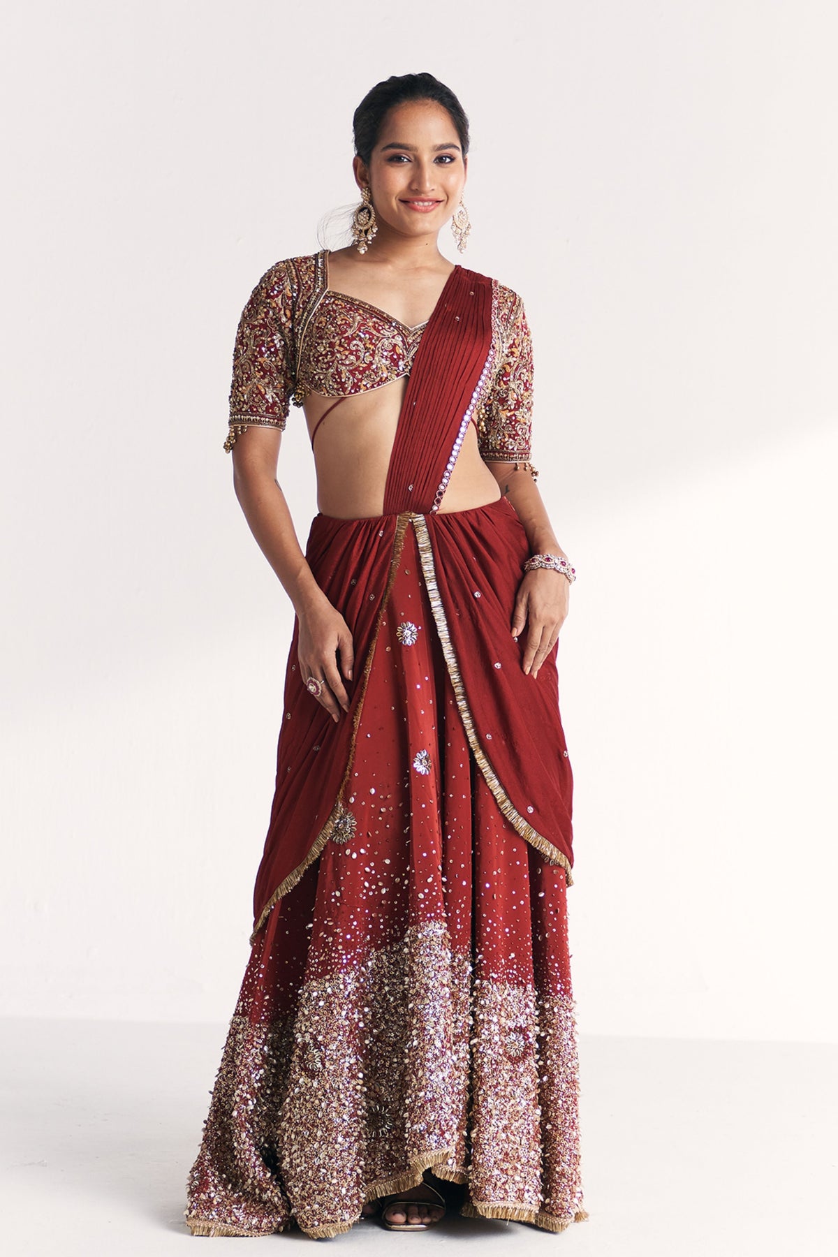Naveli Maroon Pre-stitched Saree