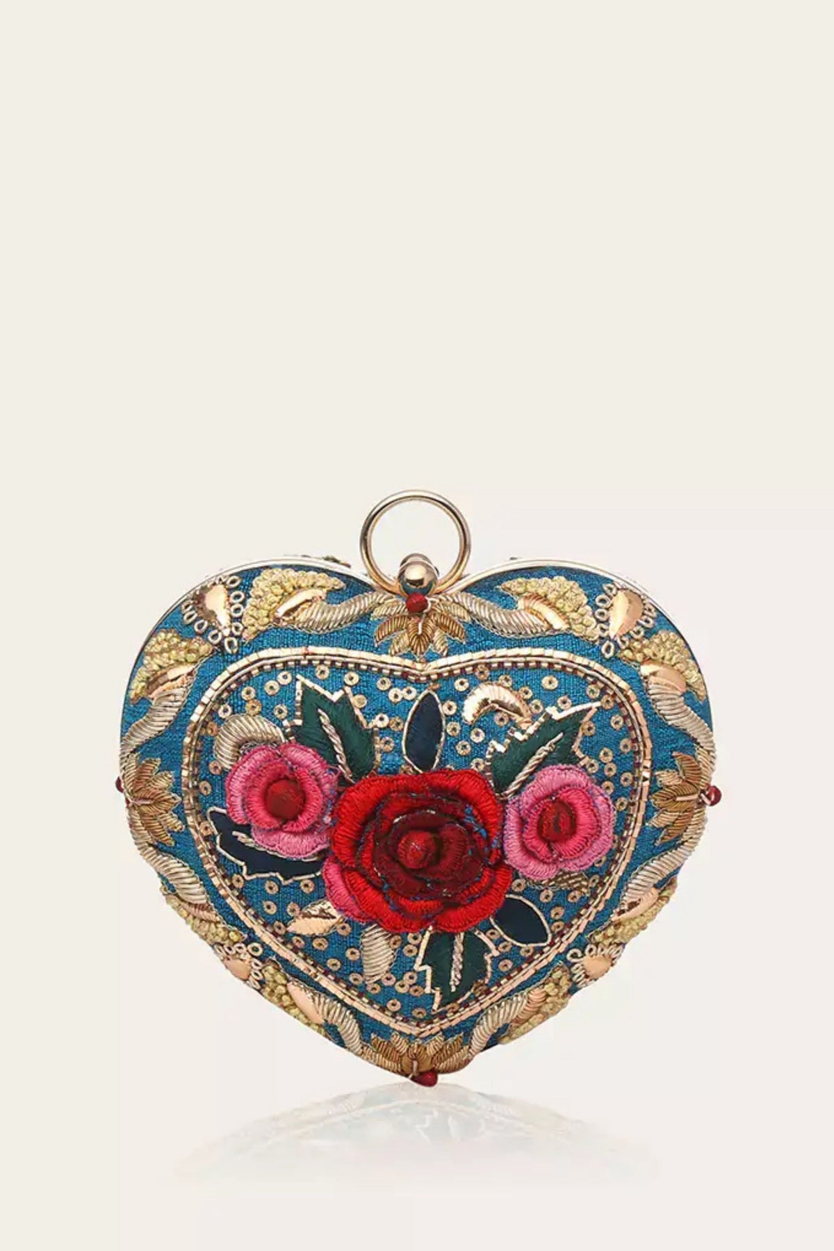 Isa Multi Rose Embroidered Heart Clutch – Multi Color
