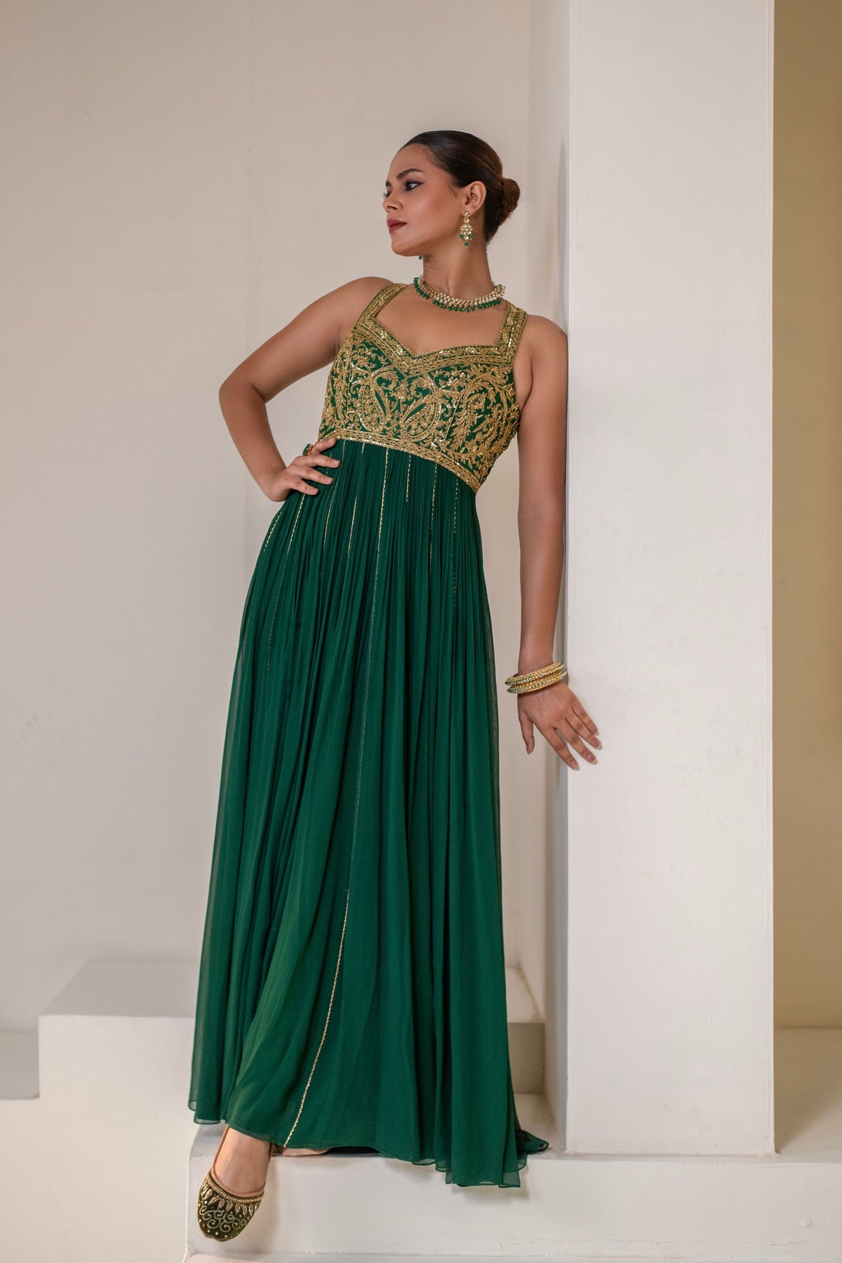 Emerald Green Sleeveless Embellished  Anarkali