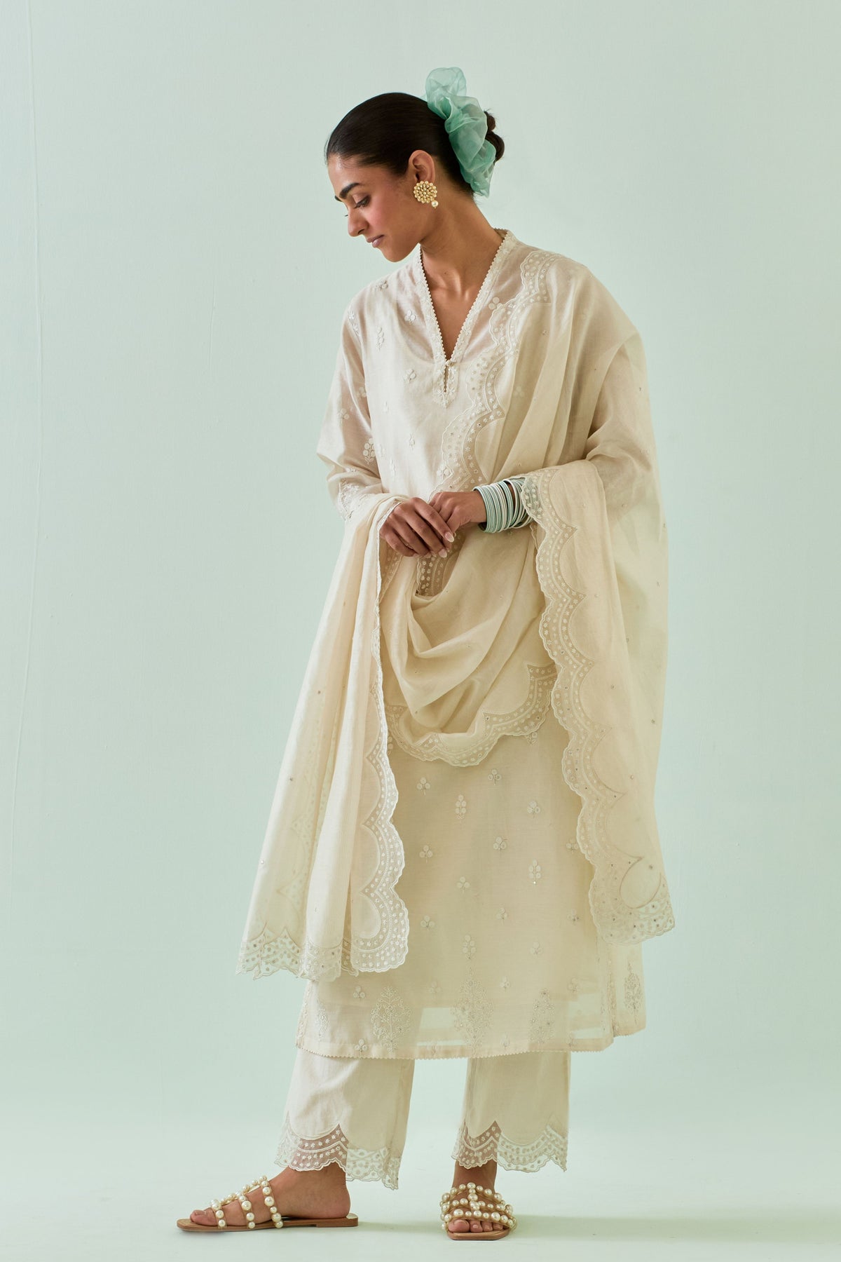 Off White Embroidered Straight Kurta Set