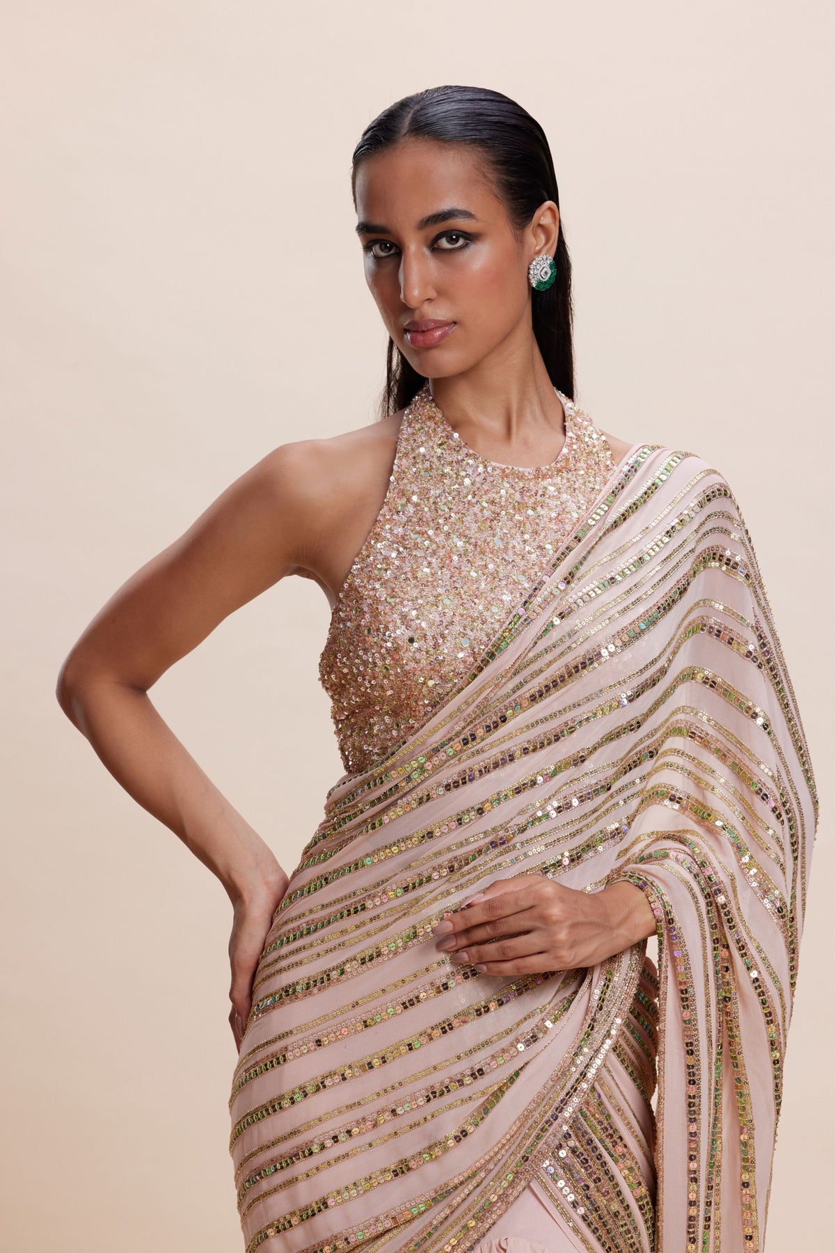 Pink Ruffle Draped Saree Set