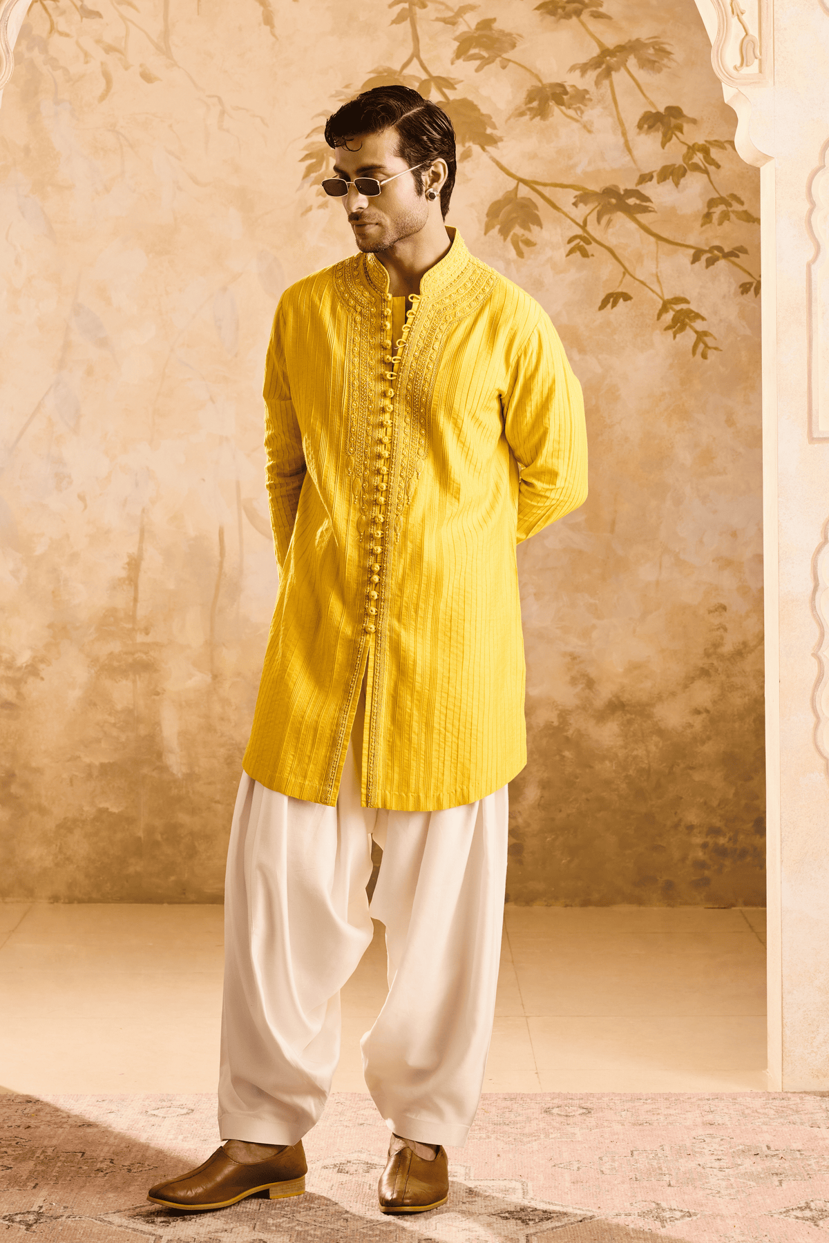 Embroidered Mustard Kurta Set