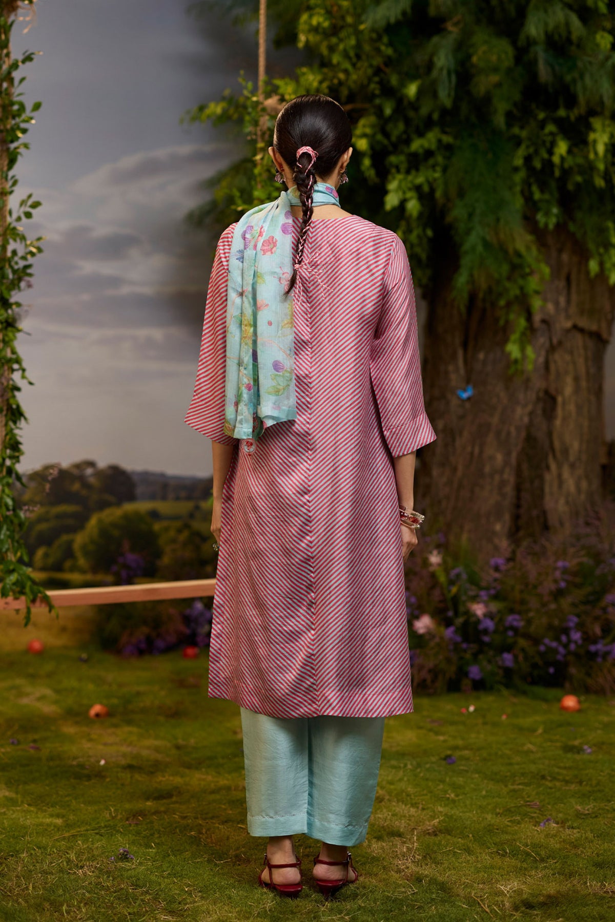 Dappled Red Striped Kurta Set