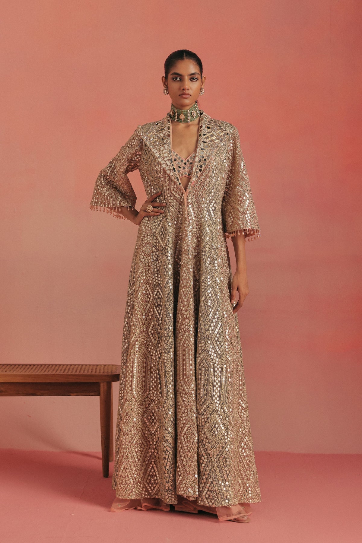 Mirror Work Wing Collar Long Anarkali Jacket Set