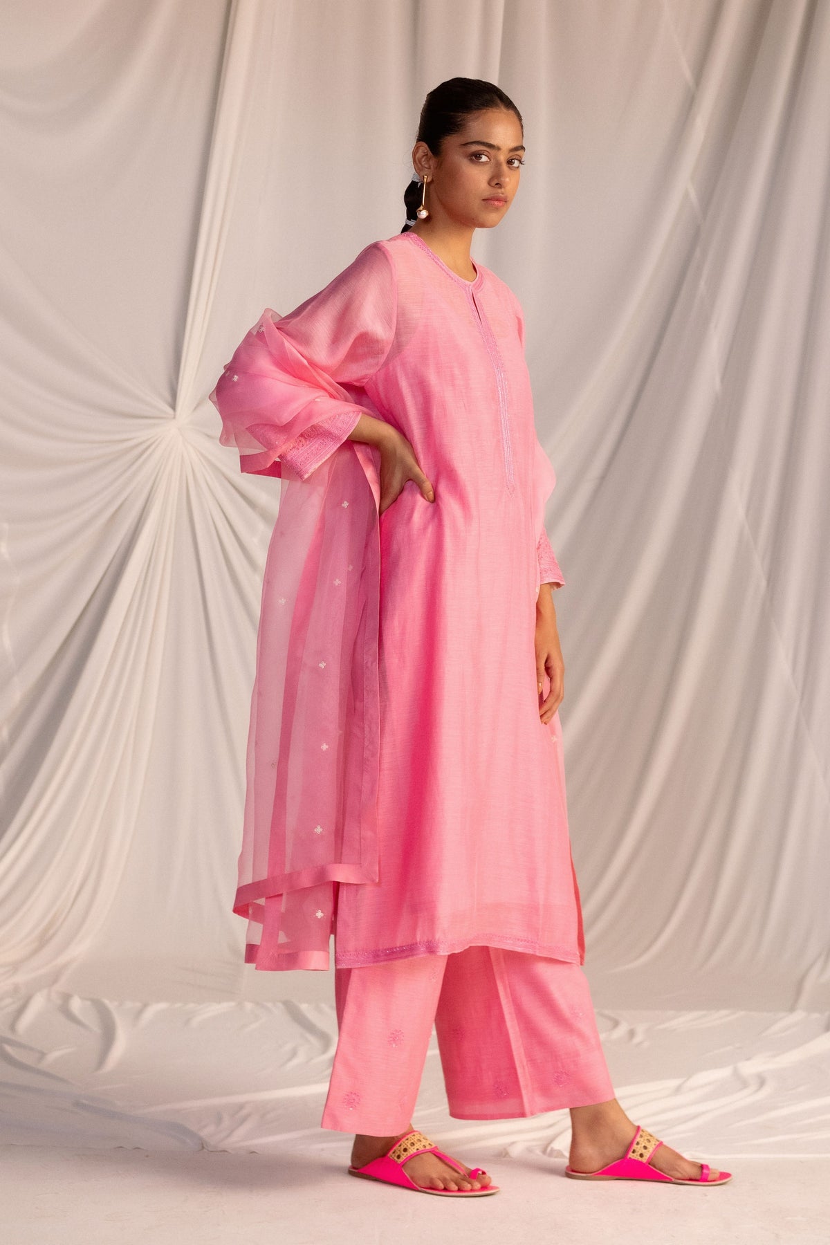 Pink Silk Embroidered Tunic Set