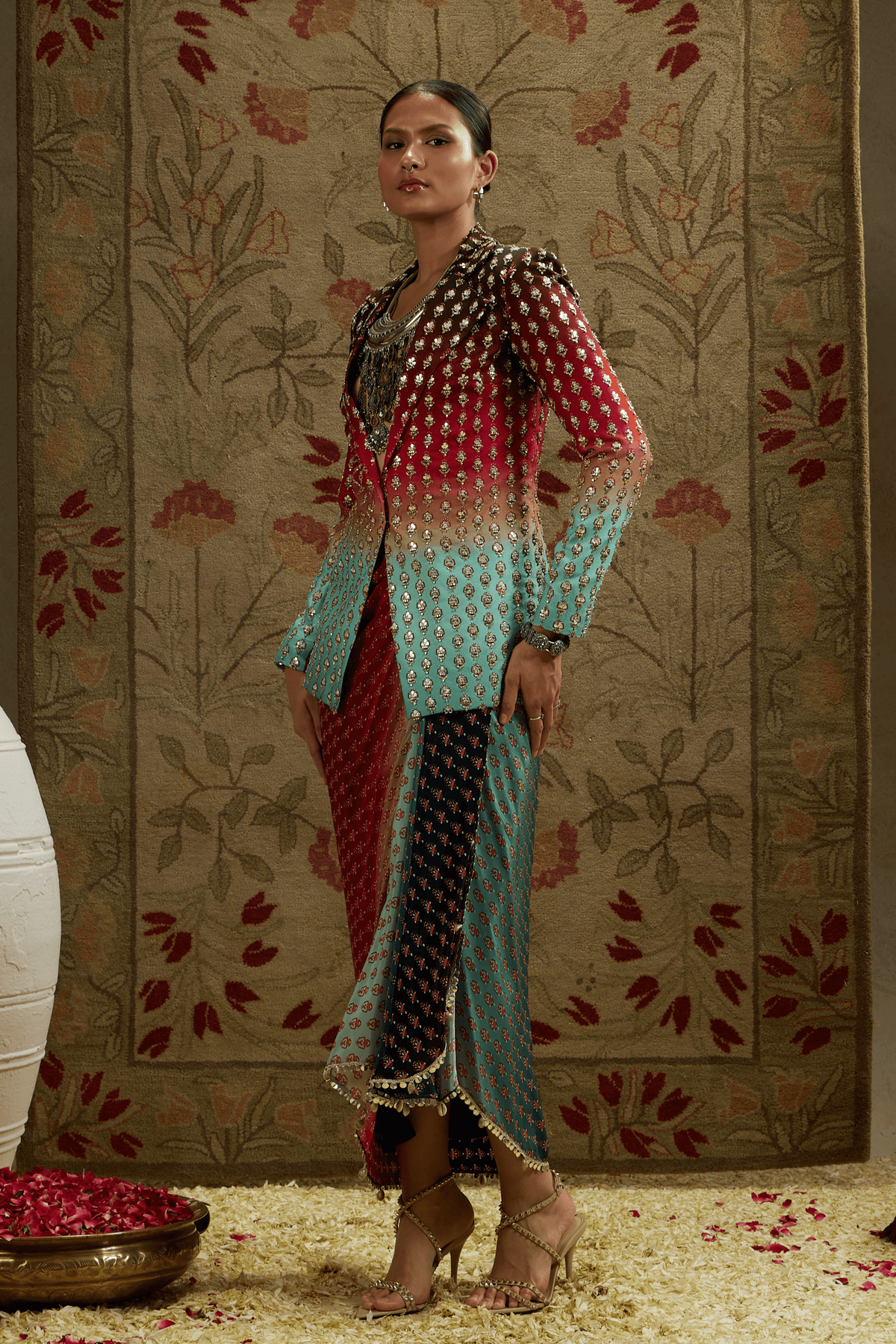 Embellished Blazer With Drape Skirt
