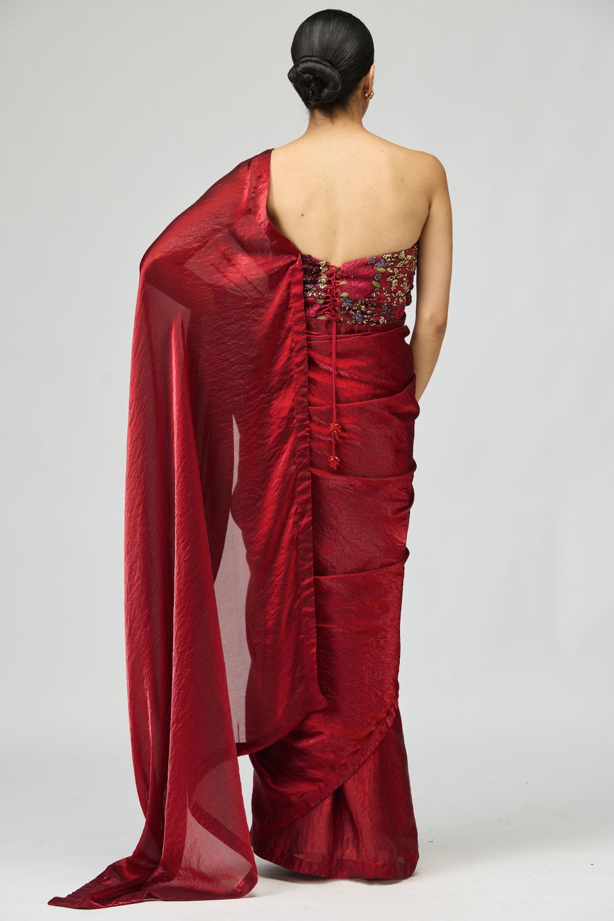 Maroon Net Embroidered Saree Set