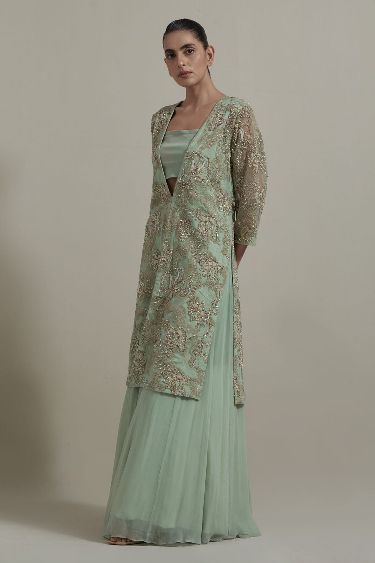 Green Embellished Jacket Set