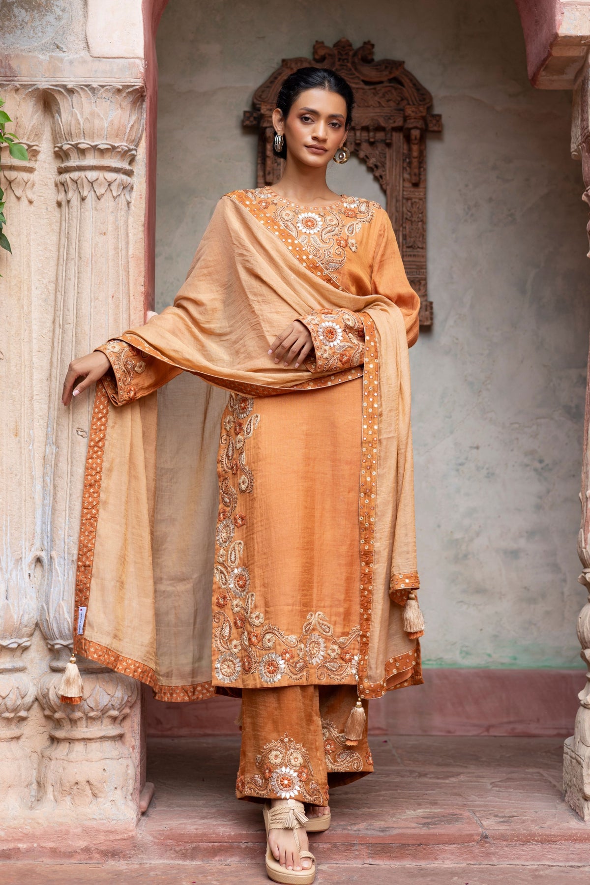 Rust Maheshwari Kurta Set