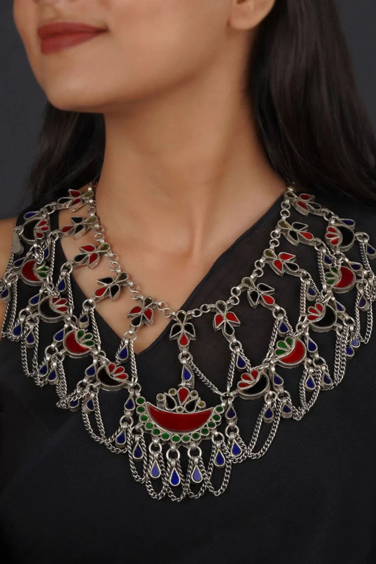 Multicolor Silver Plated Tribal Necklace