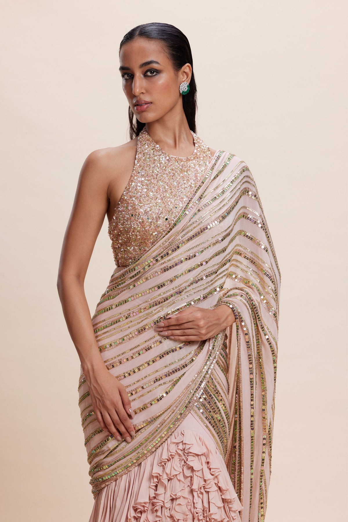 Pink Ruffle Draped Saree Set