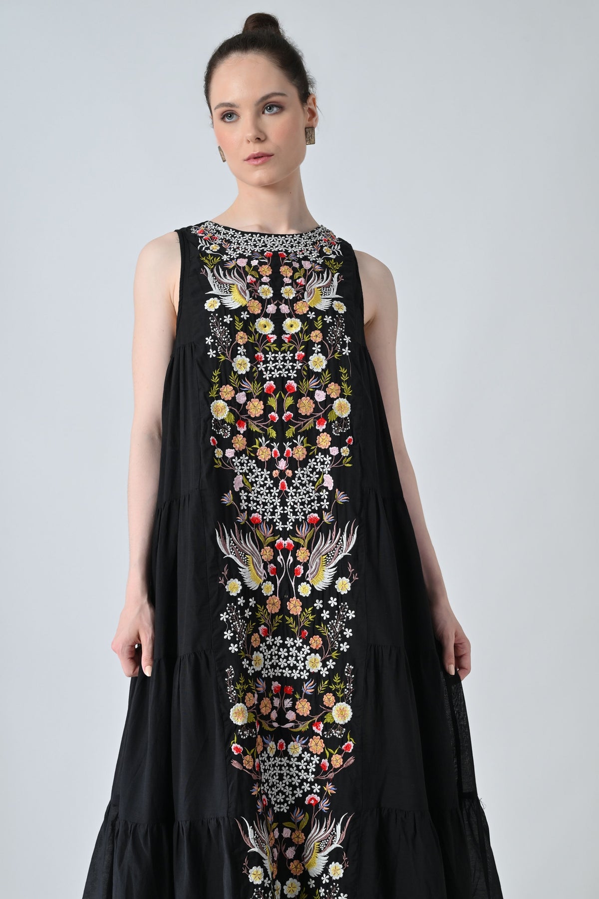 Black Embroidered Tiered Long Dress