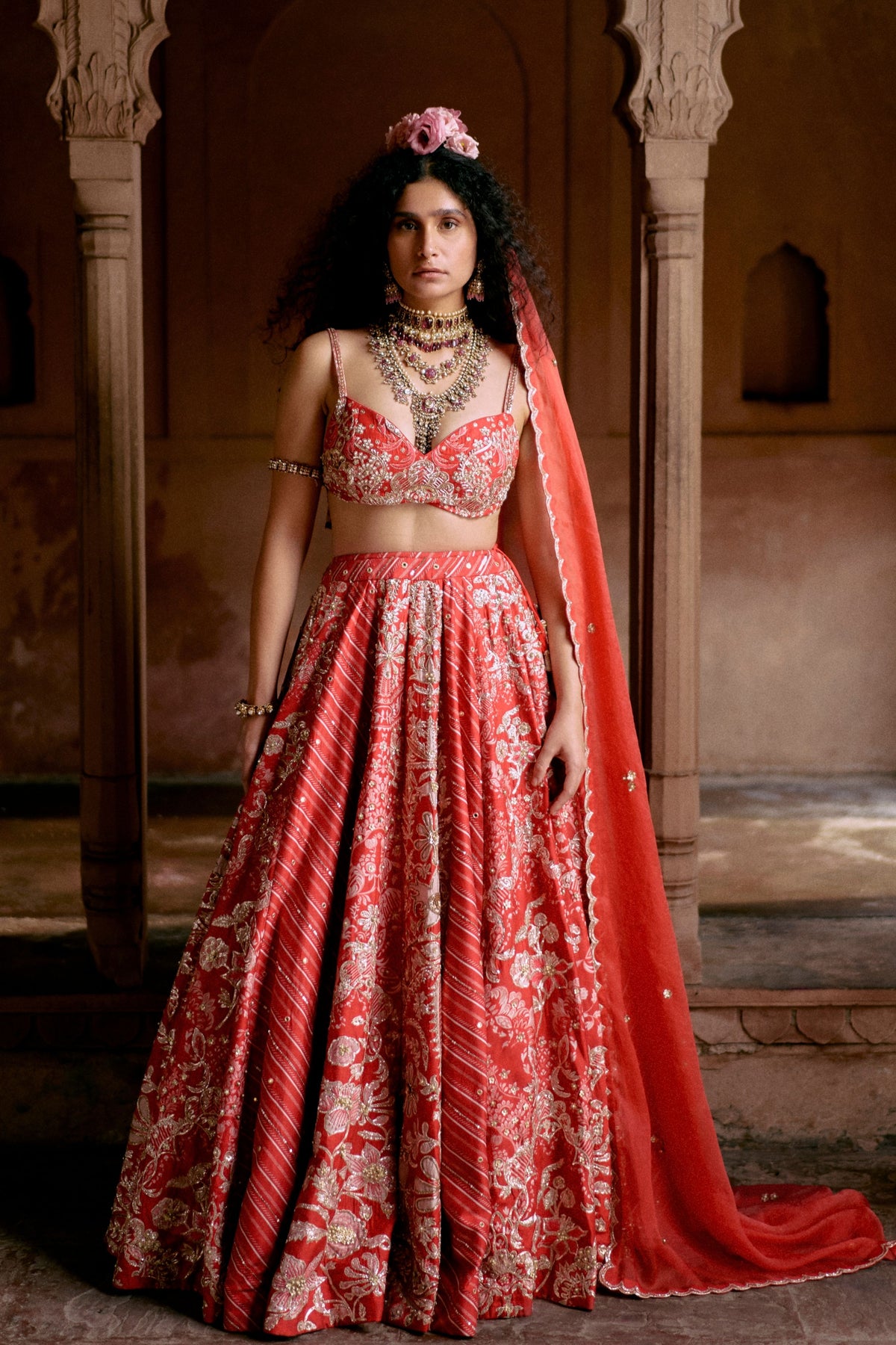 Red Multi-tone Lehenga Set