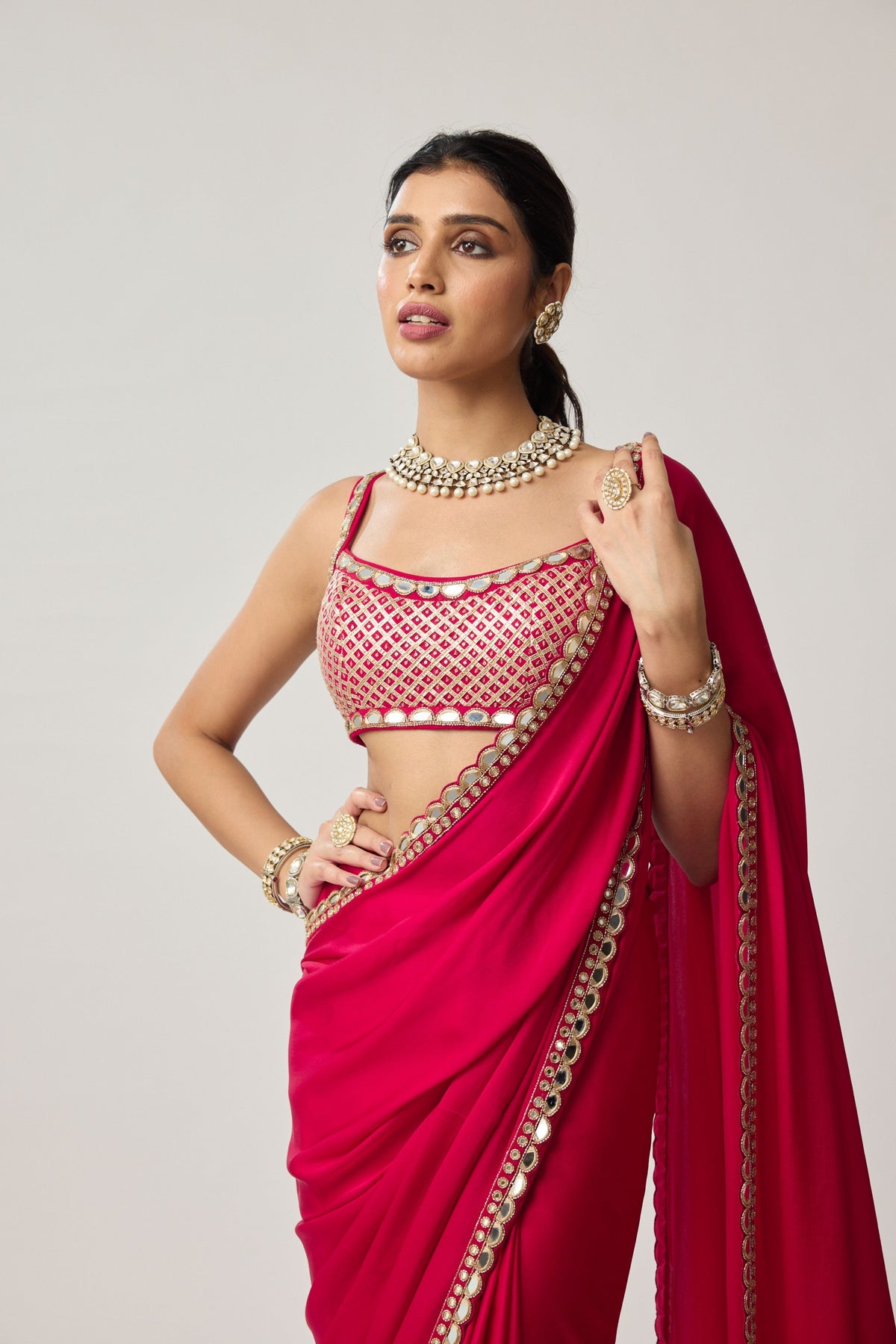 Crimson Red Embroidered Saree Set
