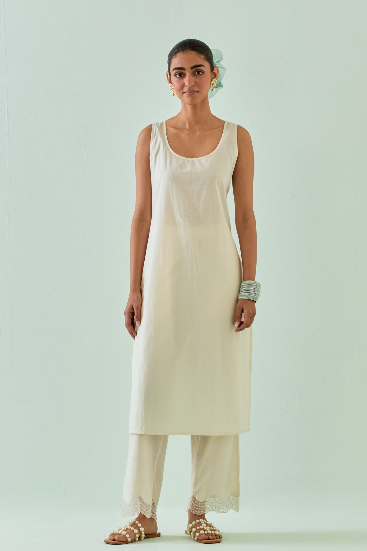 Off White Embroidered Straight Kurta Set