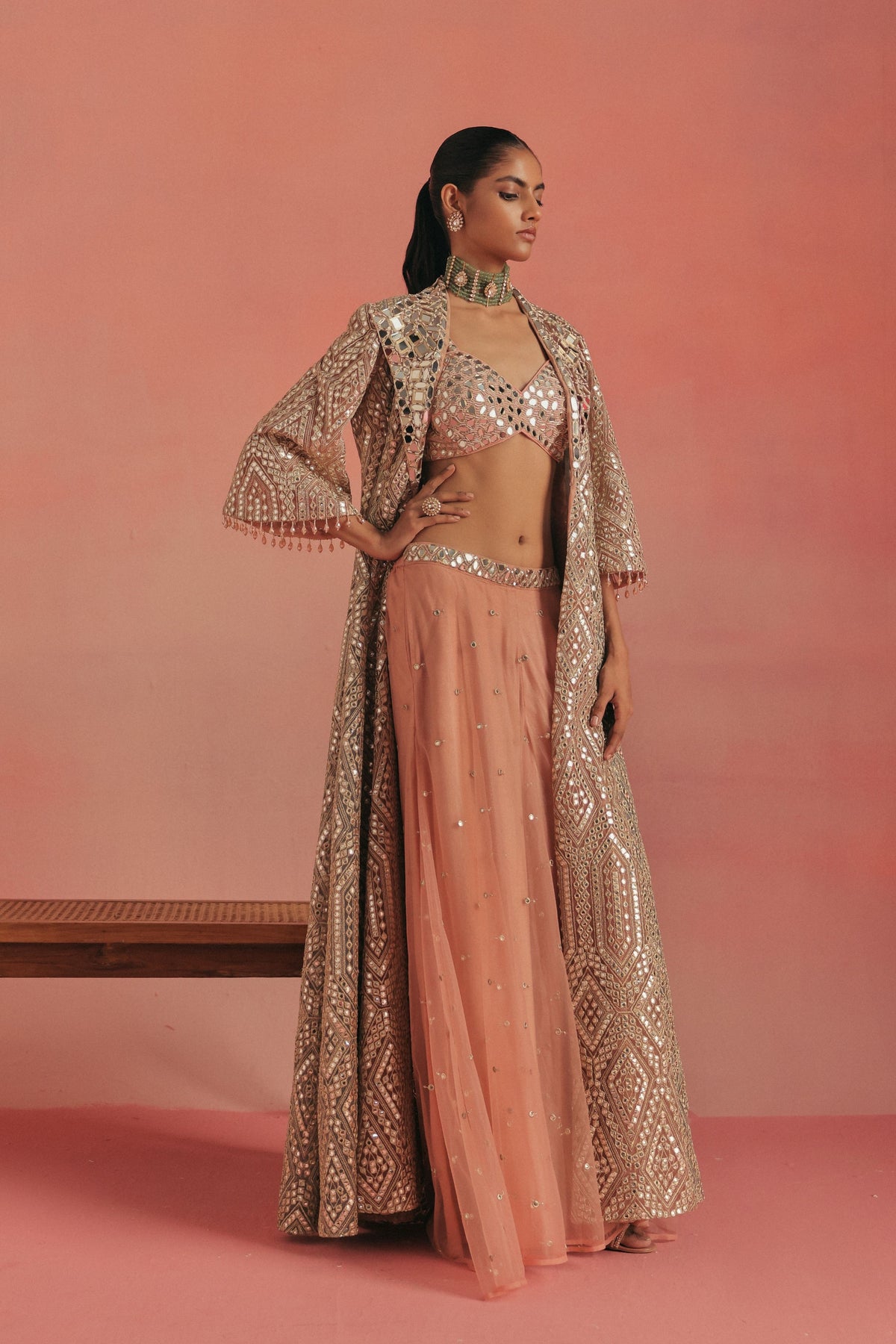 Mirror Work Wing Collar Long Anarkali Jacket Set