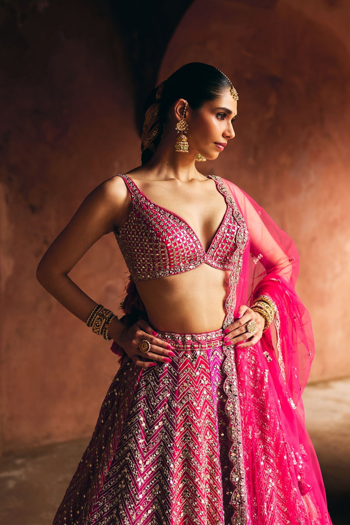 Hot Pink Raw Silk Lehenga Set