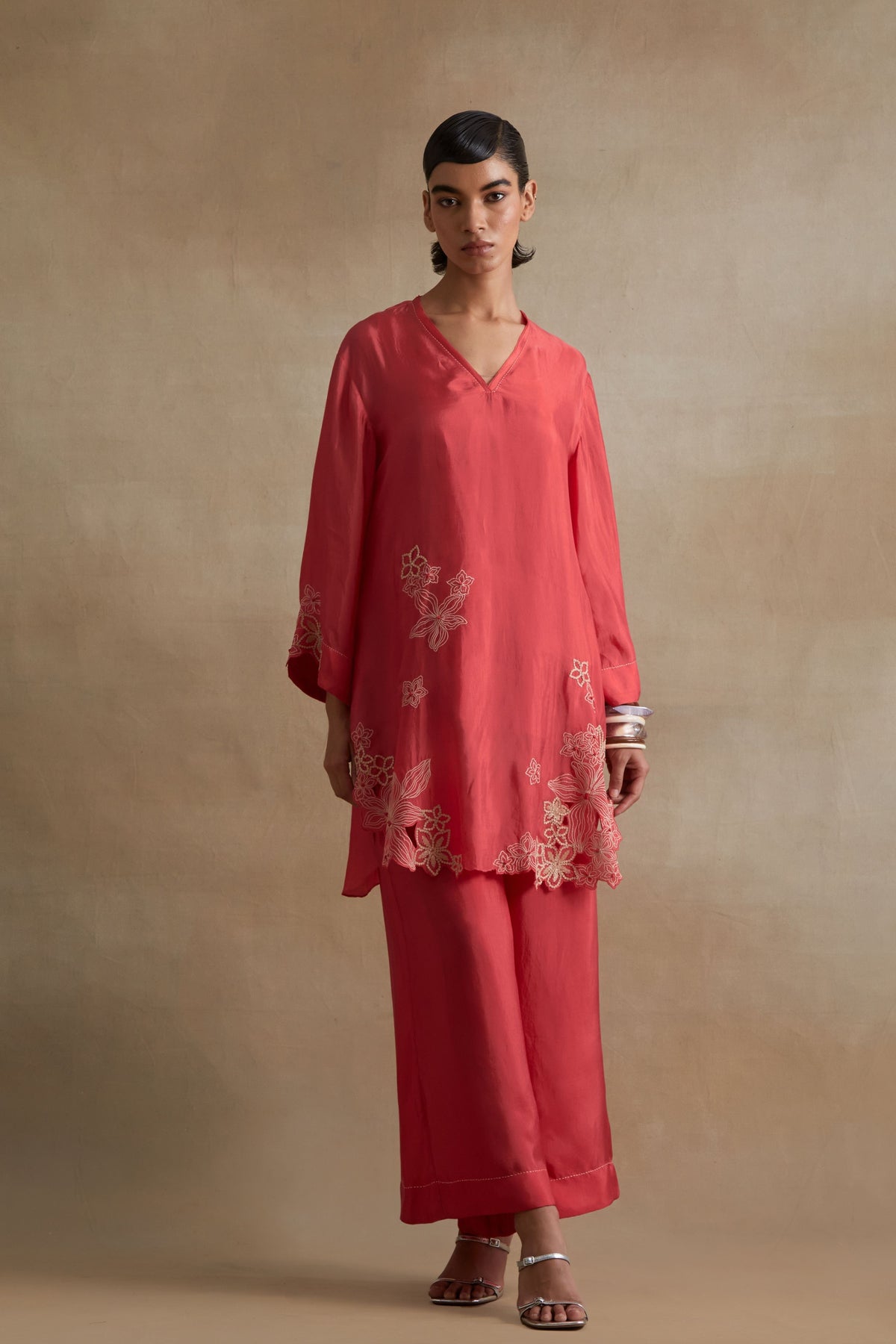 Tomato Floral Cutwork Tunic Set