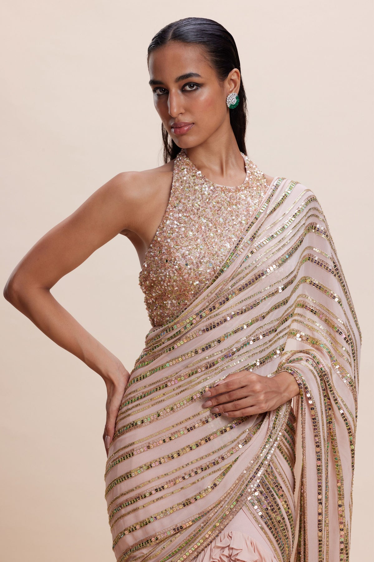 Pink Ruffle Draped Saree Set