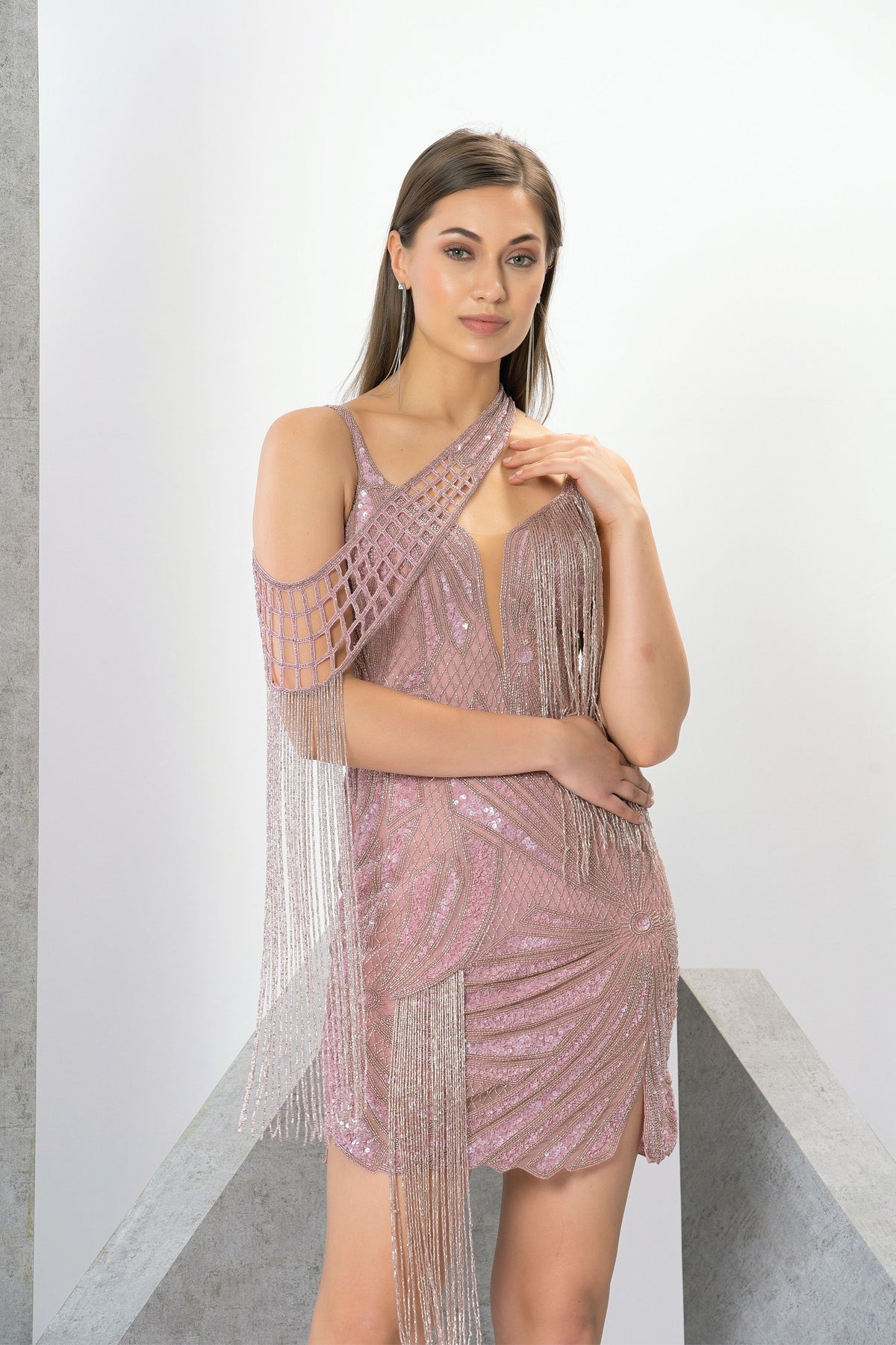 Amanda Baby Blush Fringe Mini Dress