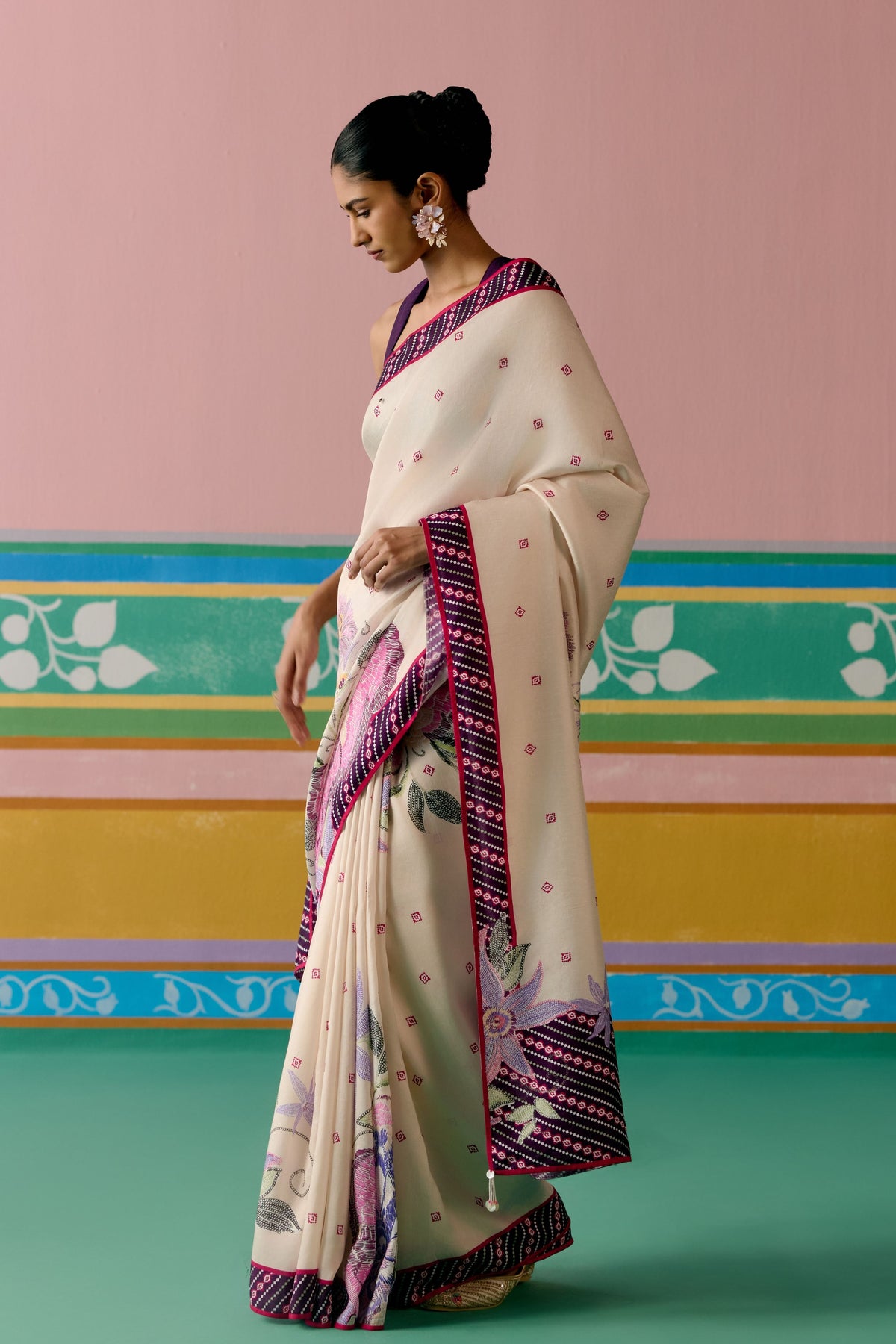 Ecru Purple Ikkat Saree