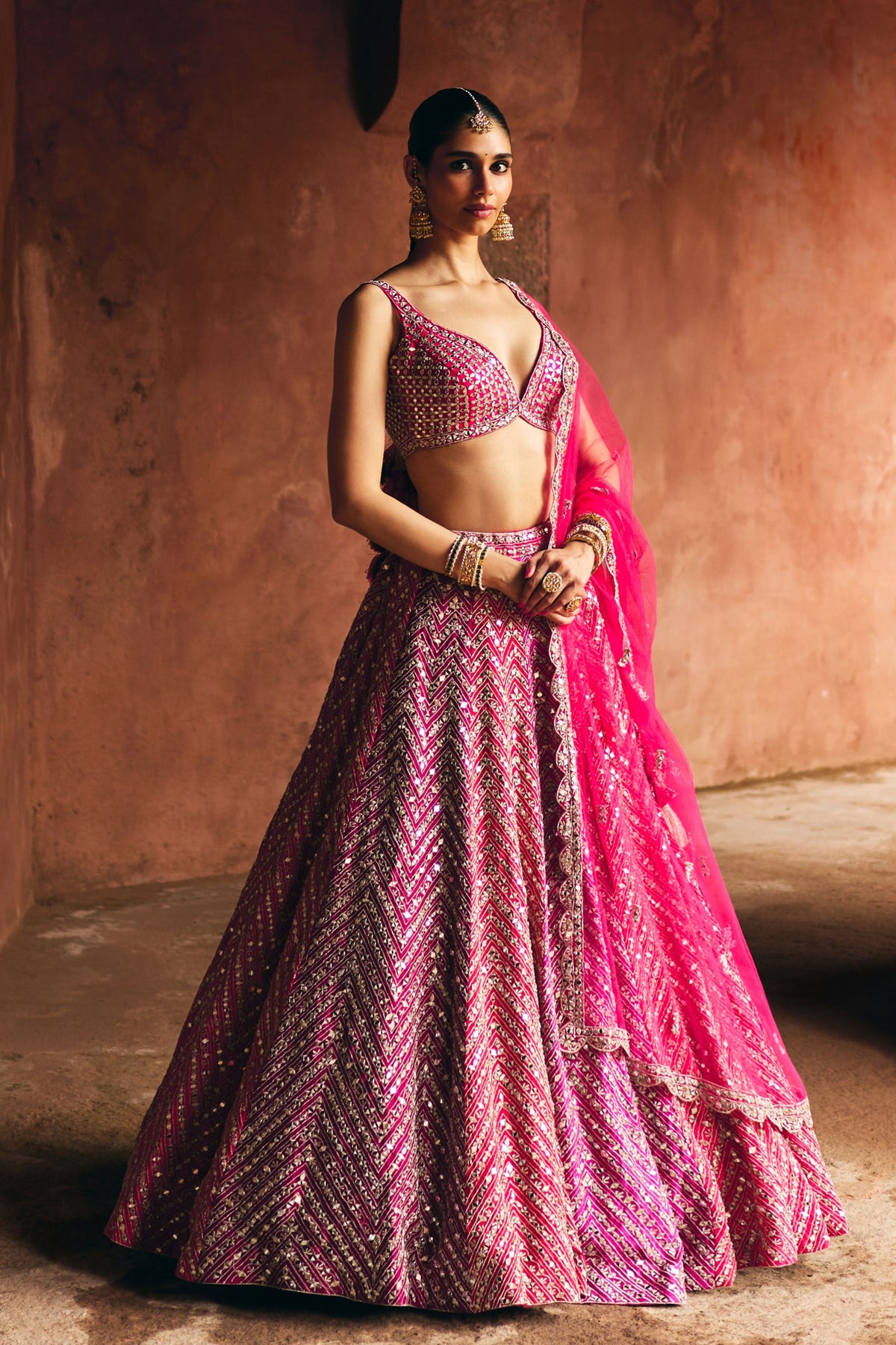 Hot Pink Raw Silk Lehenga Set
