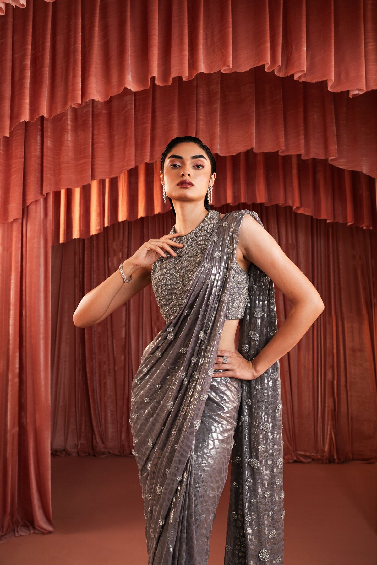 Metallic Grey Draped Saree Set