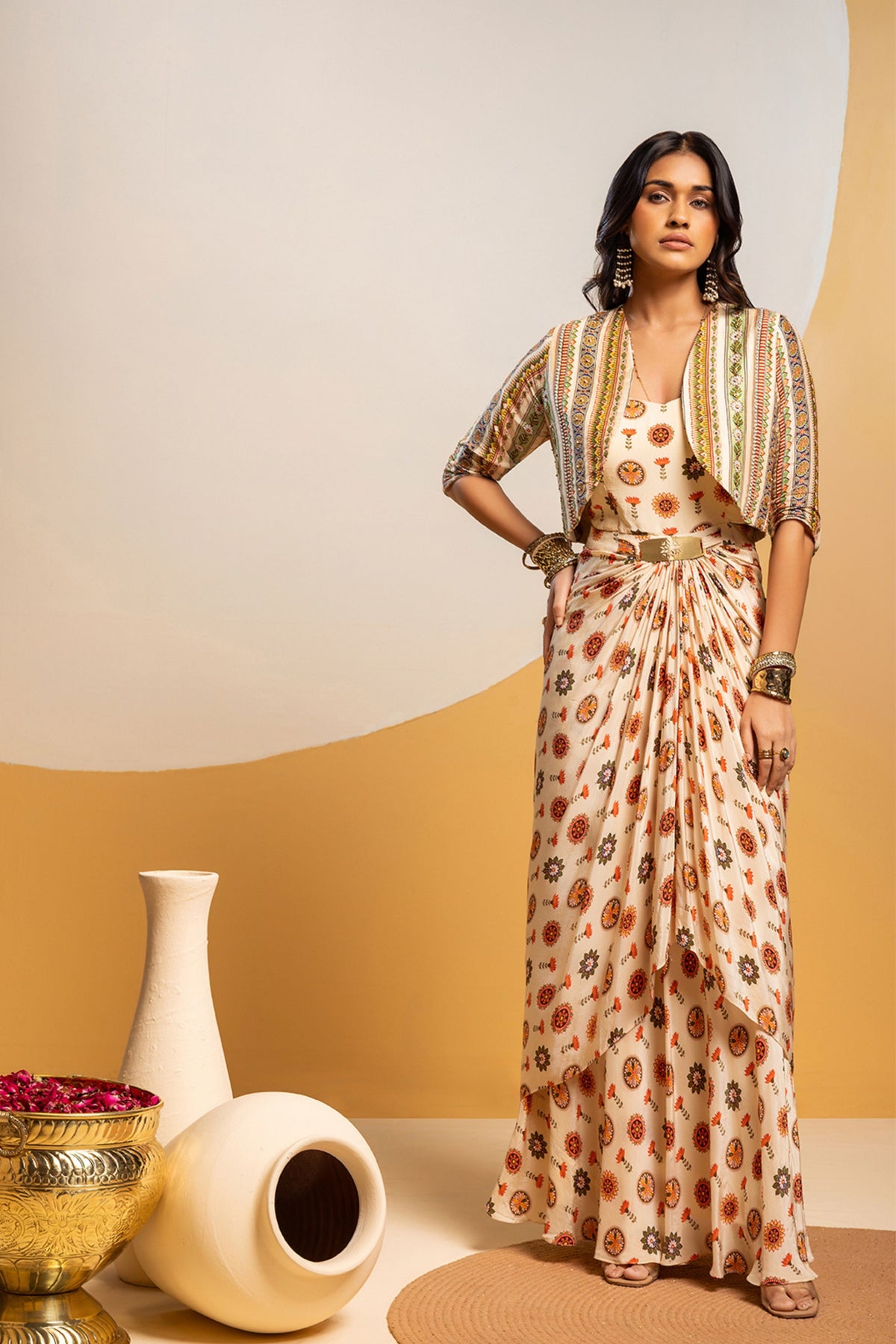 Off White Embellished Drape Dress Set