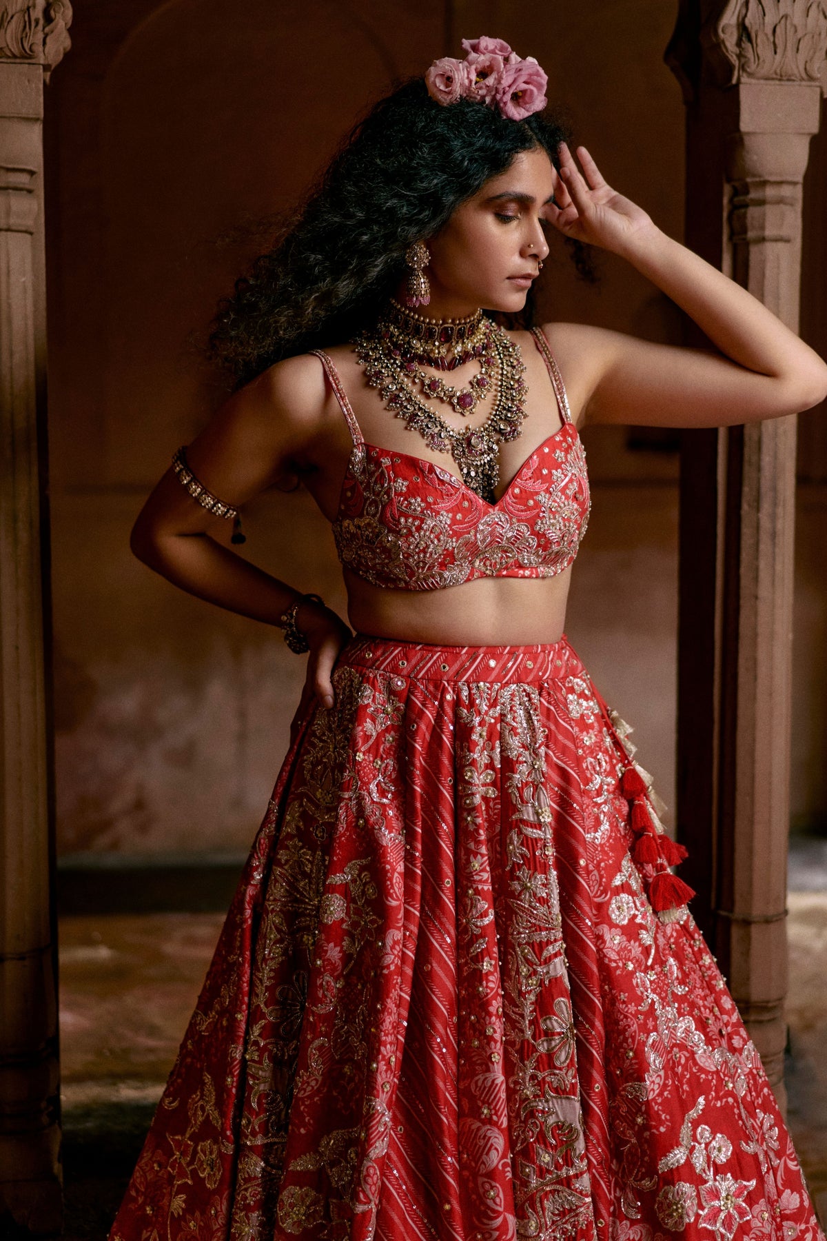Red Multi-tone Lehenga Set
