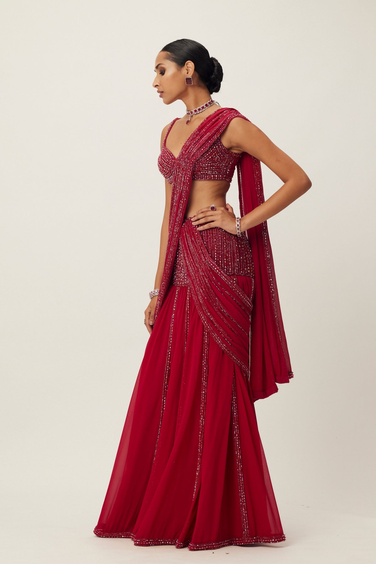 Ruby Red Pre Draped Saree Set