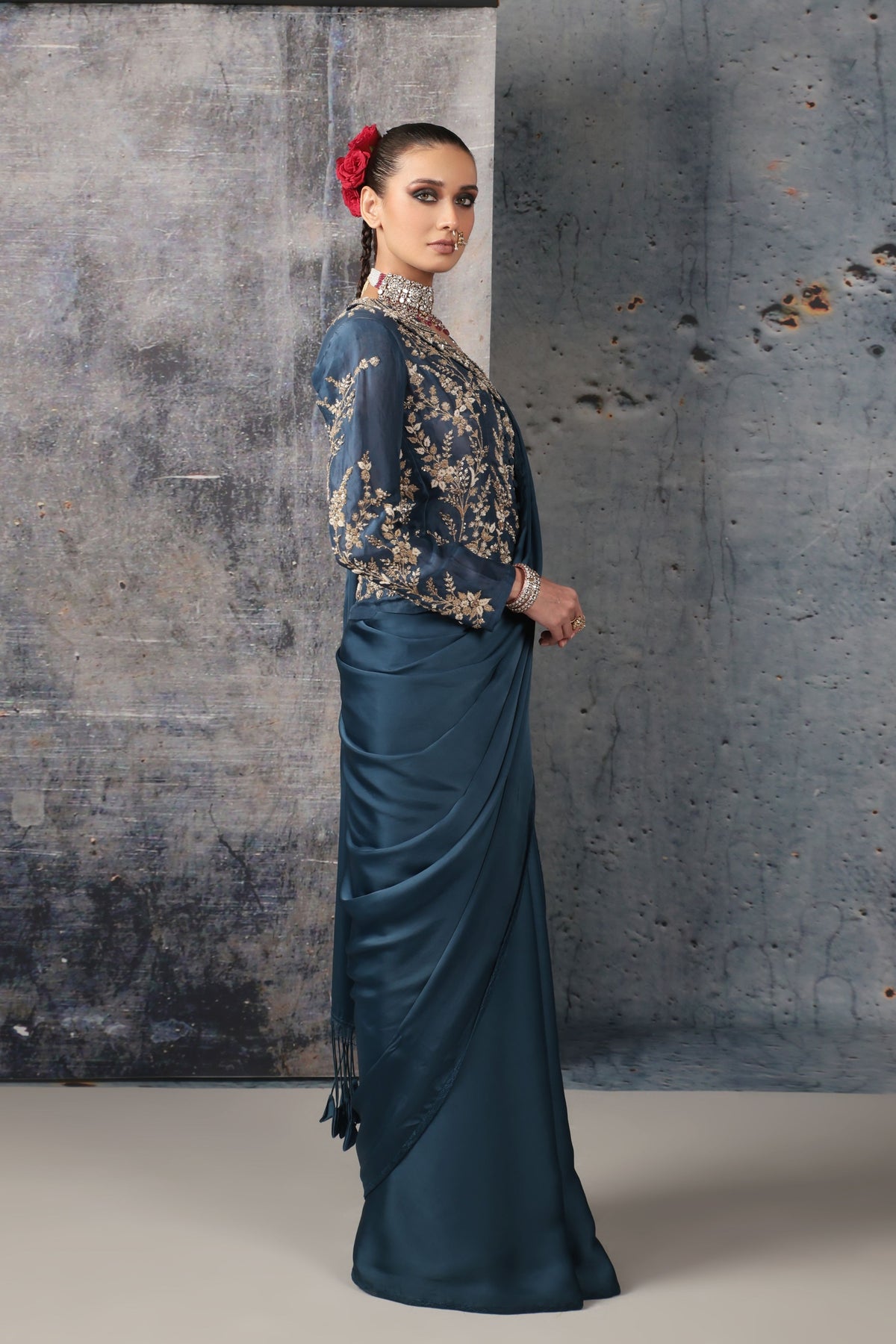 Blue Jacket Saree Set