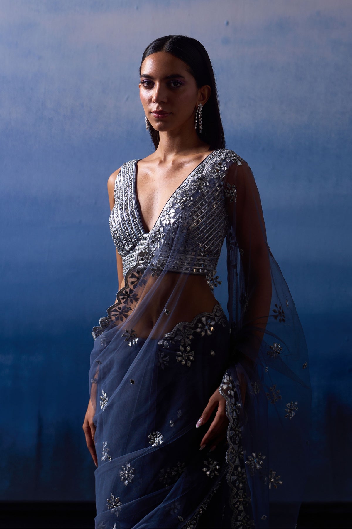 Grey Embroidered Saree Set