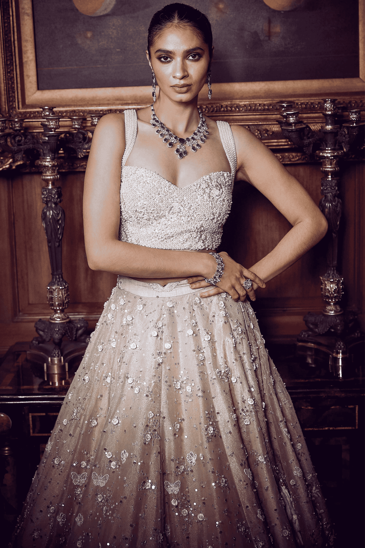 Contemporary Parsi Aged Peach Lehenga Set