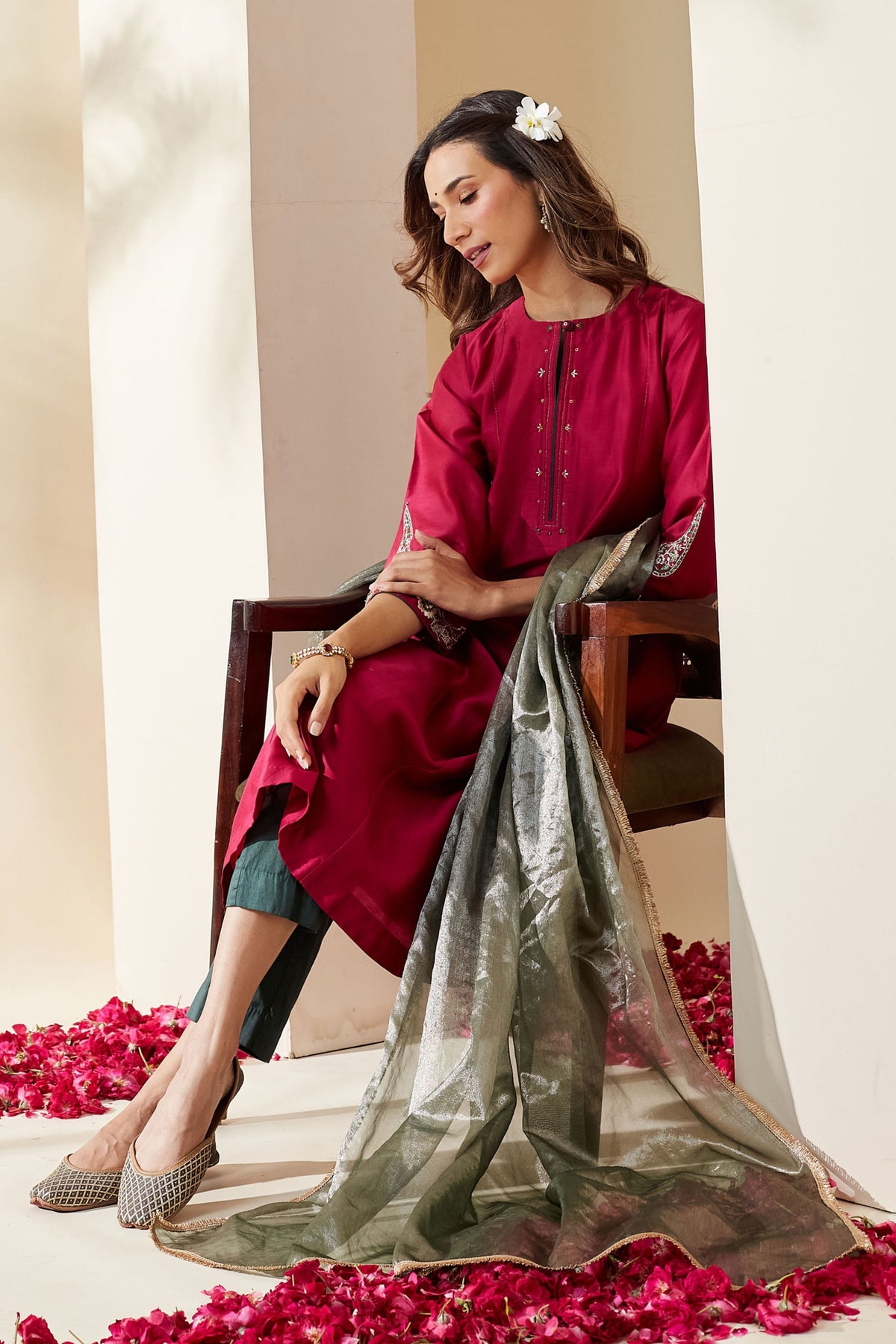 Magenta Floral Chanderi Kurta Set