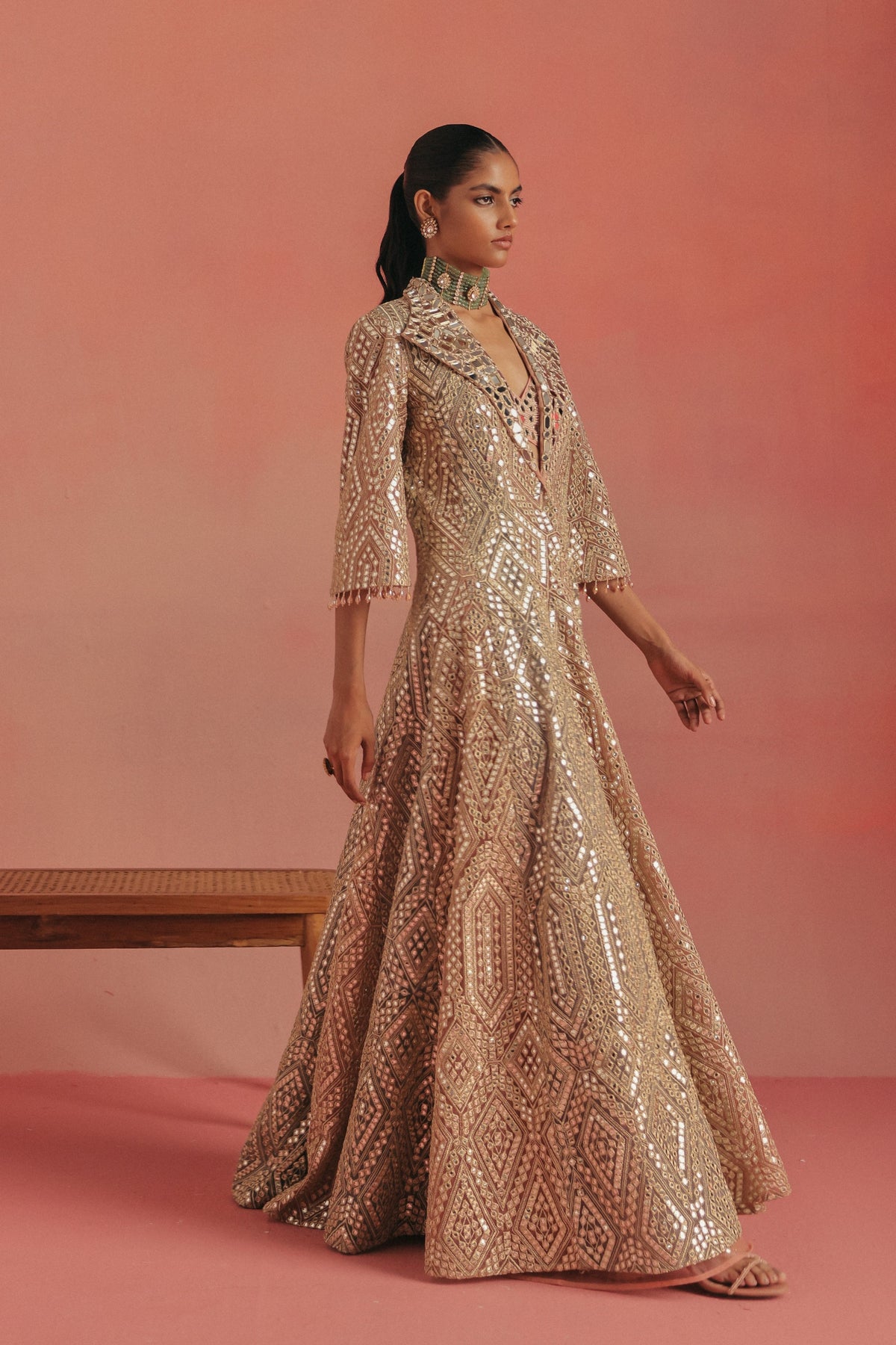 Mirror Work Wing Collar Long Anarkali Jacket Set