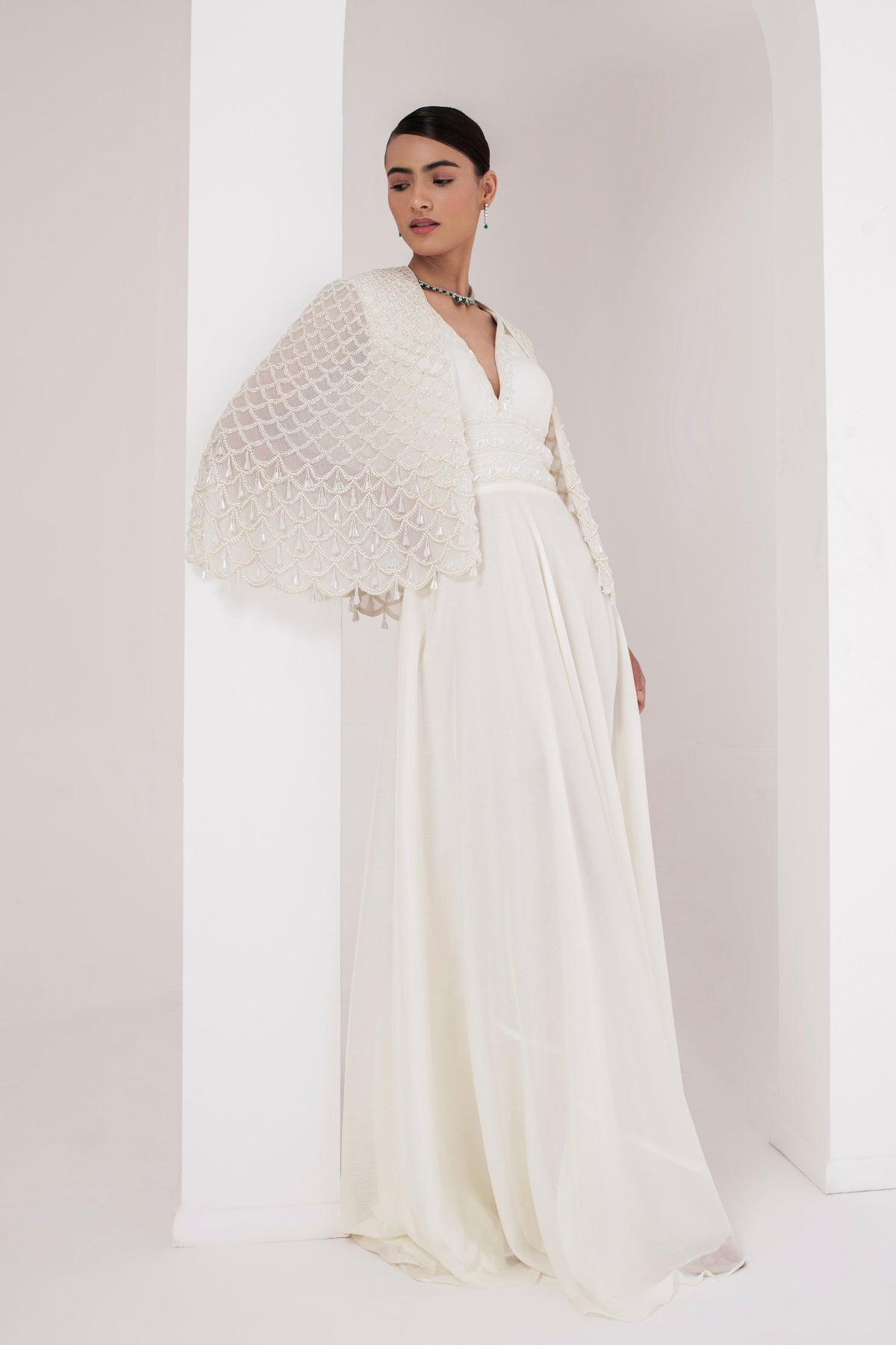 Ivory Dress With Embellished Cape