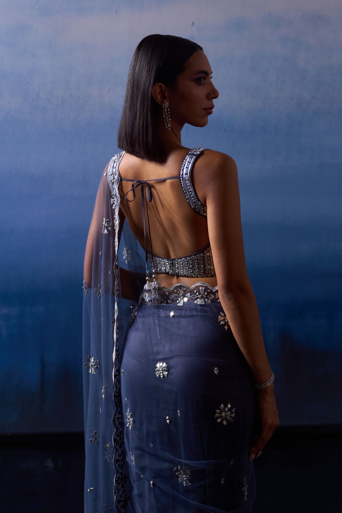 Grey Embroidered Saree Set