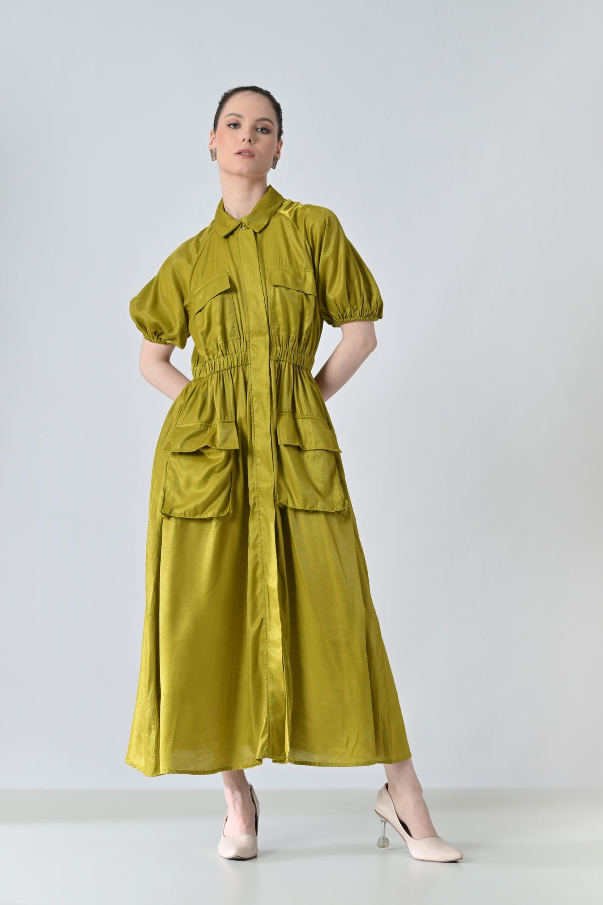 Olive Gathered Utility Dress